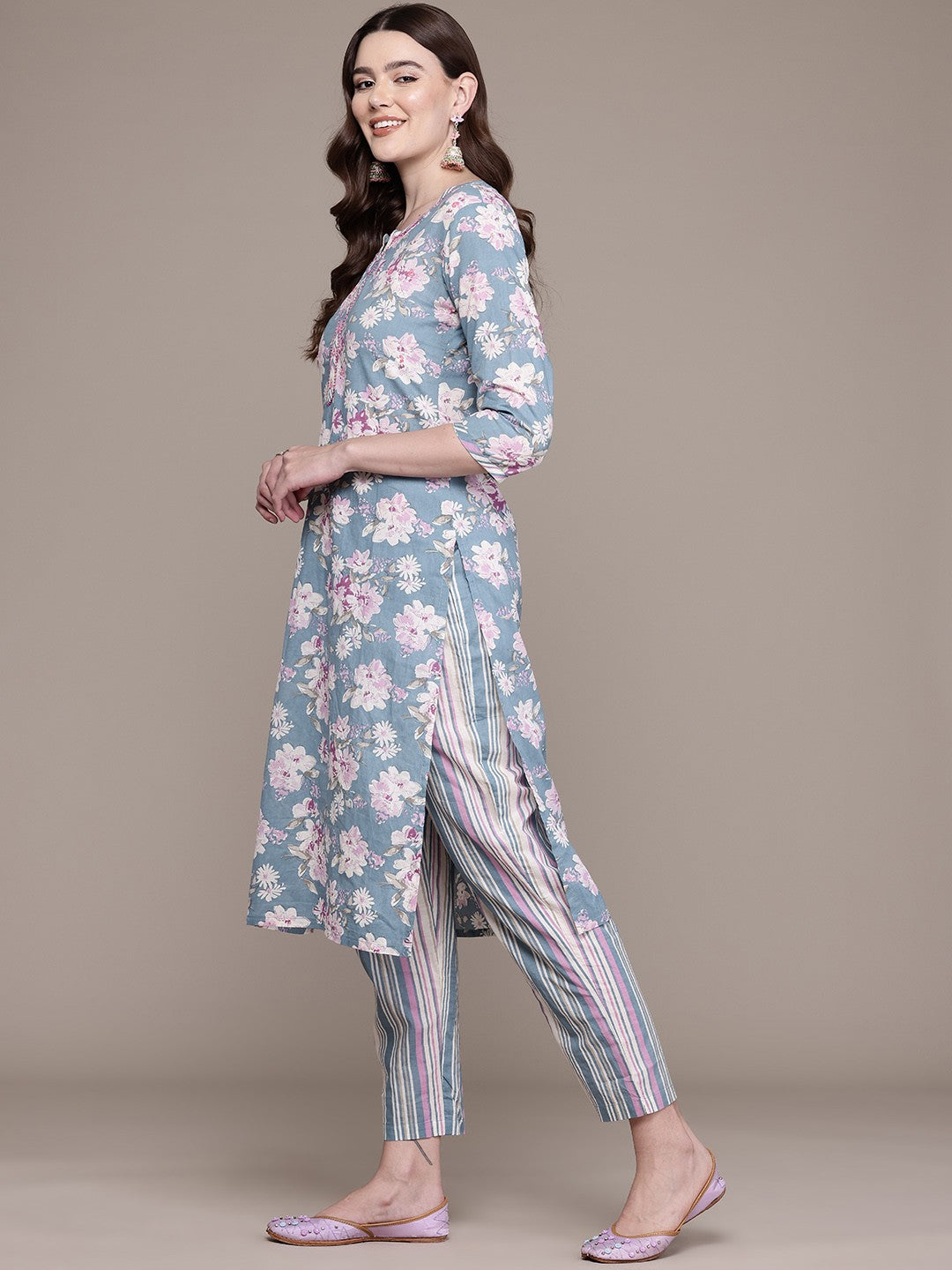 Straight Style Cotton Fabric Grey Colour Kurta And Bottom With Dupatta