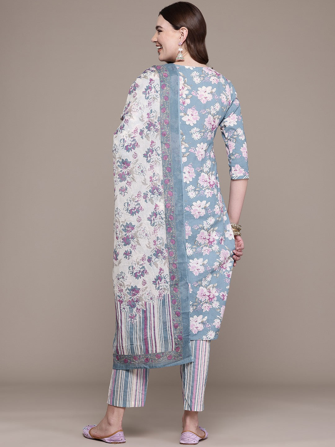 Straight Style Cotton Fabric Grey Colour Kurta And Bottom With Dupatta