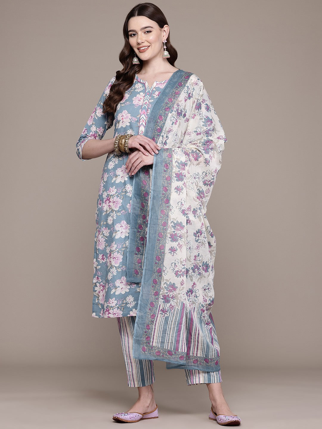 Straight Style Cotton Fabric Grey Colour Kurta And Bottom With Dupatta