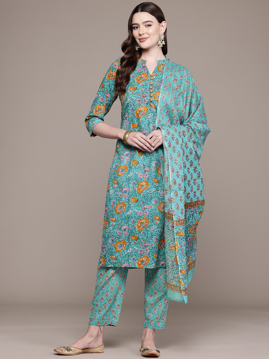 Straight Style Cotton Fabric Sea Green Colour Kurta And Bottom With Dupatta
