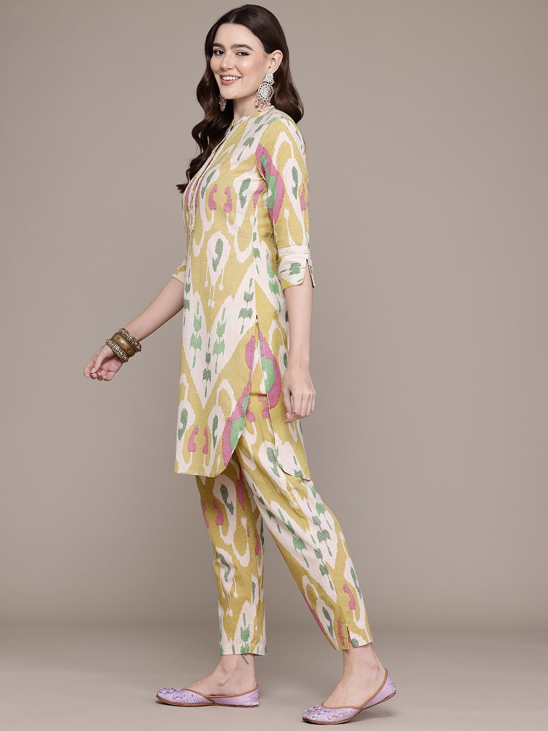 Straight Style Cotton Fabric Yellow Colour Kurta With Bottom