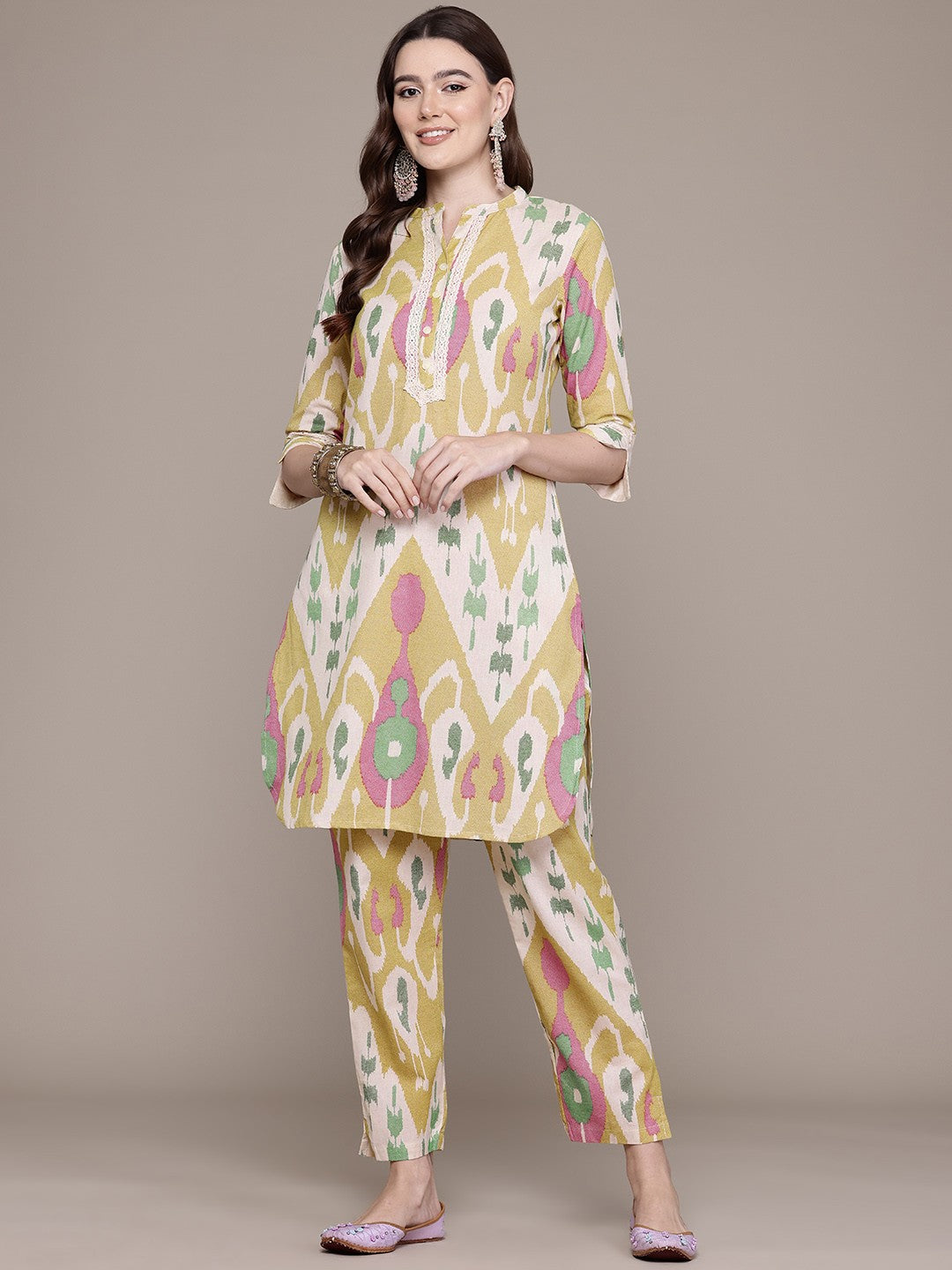 Straight Style Cotton Fabric Yellow Colour Kurta With Bottom