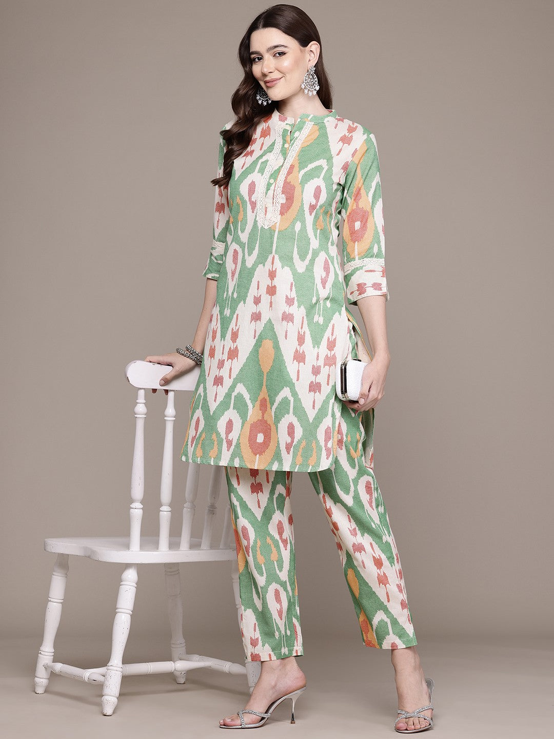 Straight Style Cotton Fabric Green Colour Kurta With Bottom