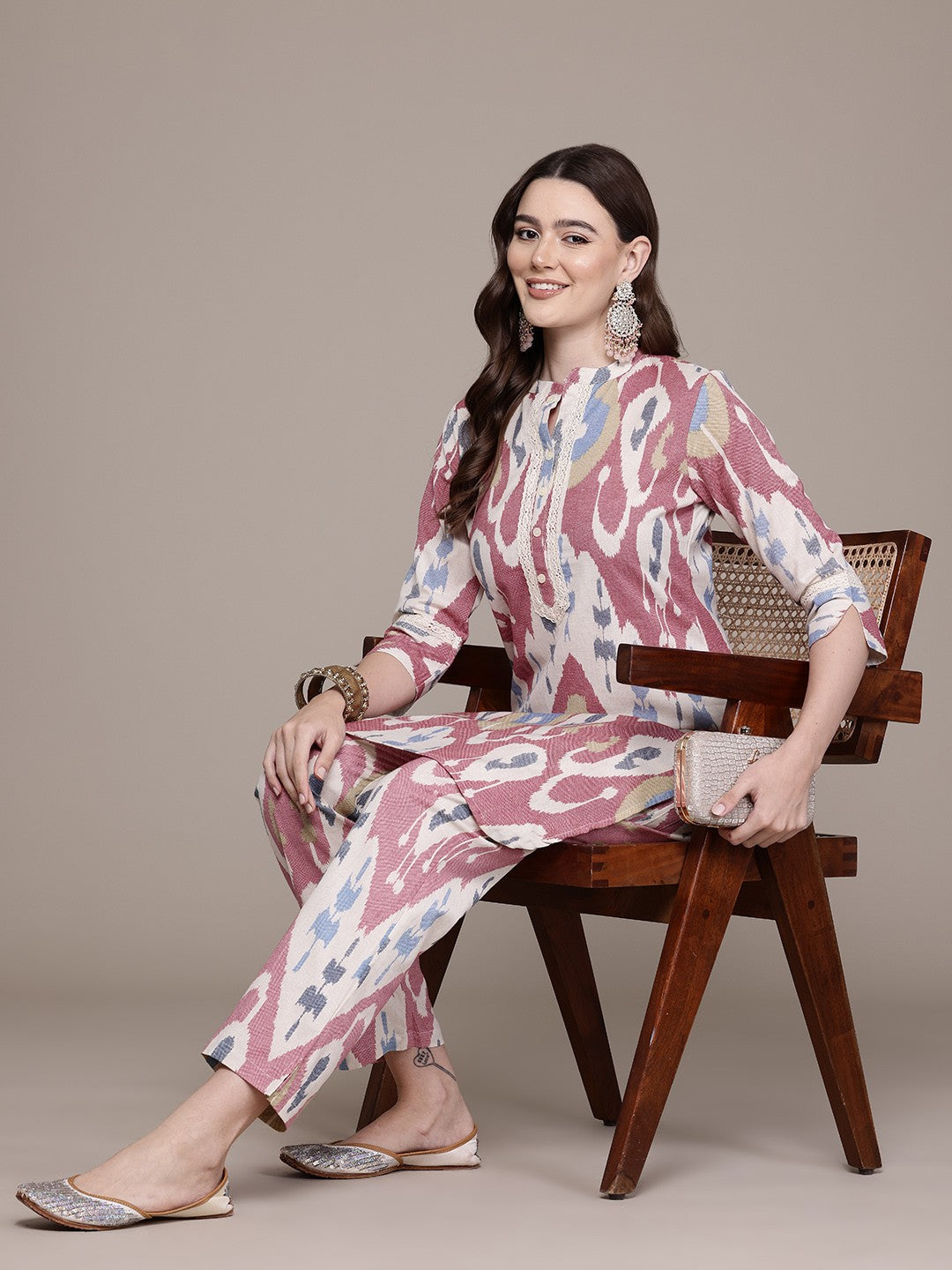 Straight Style Cotton Fabric Red Colour Kurta With Bottom
