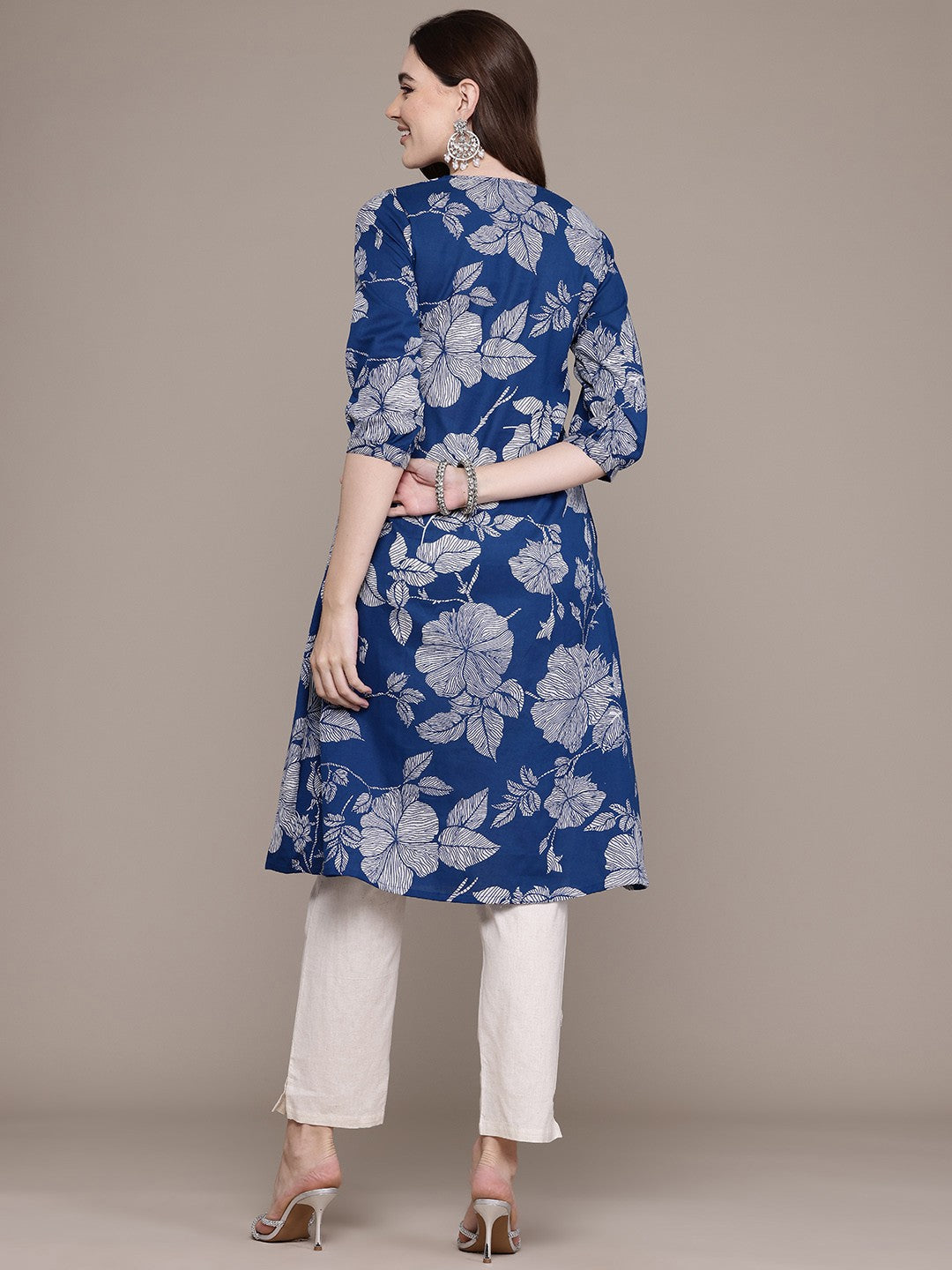 A Line Style Cotton Fabric Navy Blue Colour Kurta With Bottom