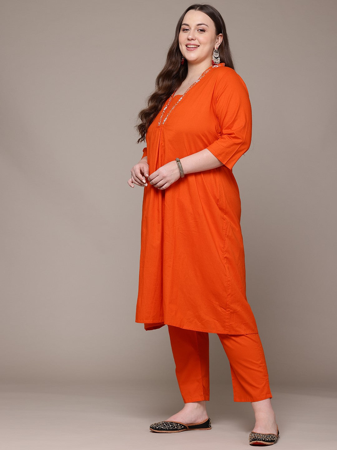 A Line Style Cotton Fabric Orange Colour Kurta With Bottom And Dupatta