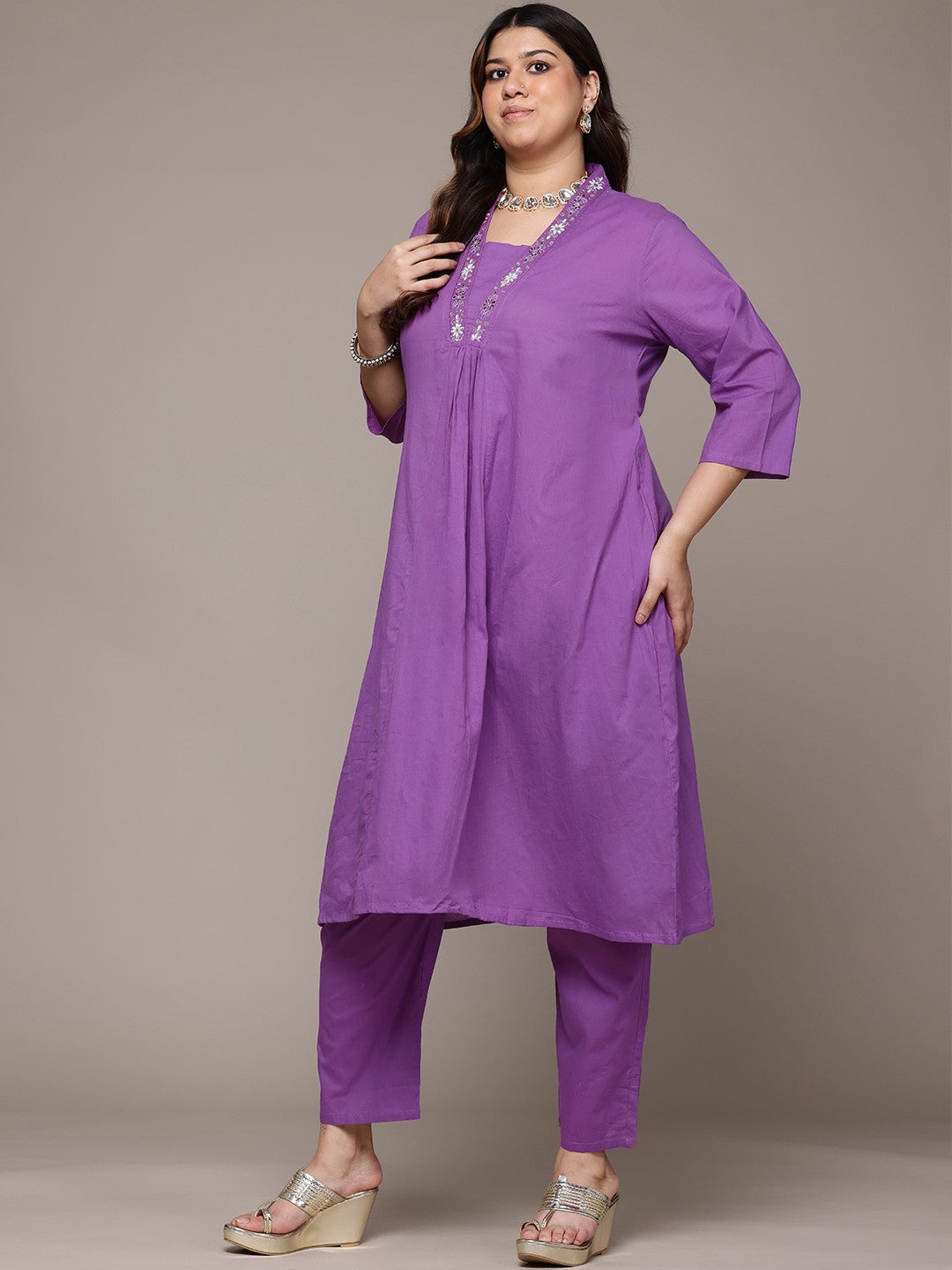 A Line Style Cotton Fabric Purple Colour Kurta With Bottom And Dupatta