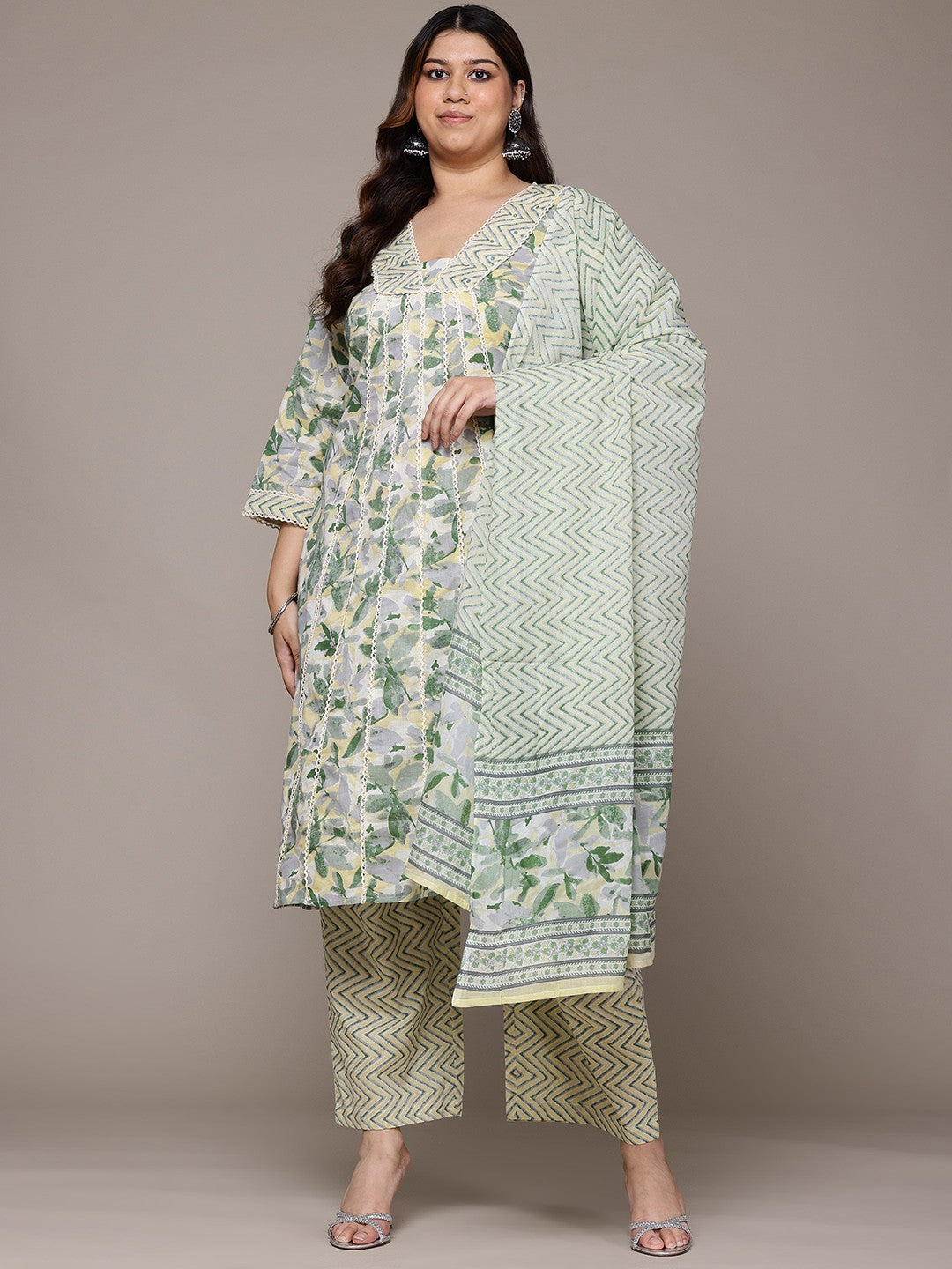 Anarkali Style Cotton Fabric Green Colour Kurta With Bottom And Dupatta