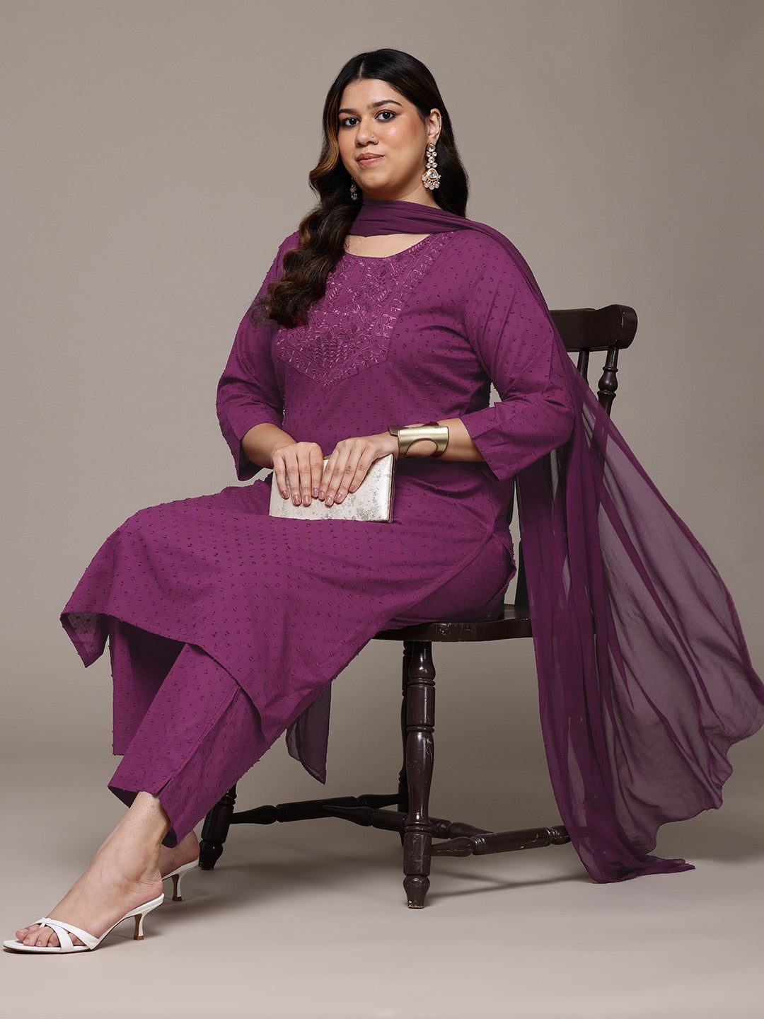 Straight Style Cotton Fabric Purple Colour Kurta With Bottom And Dupatta