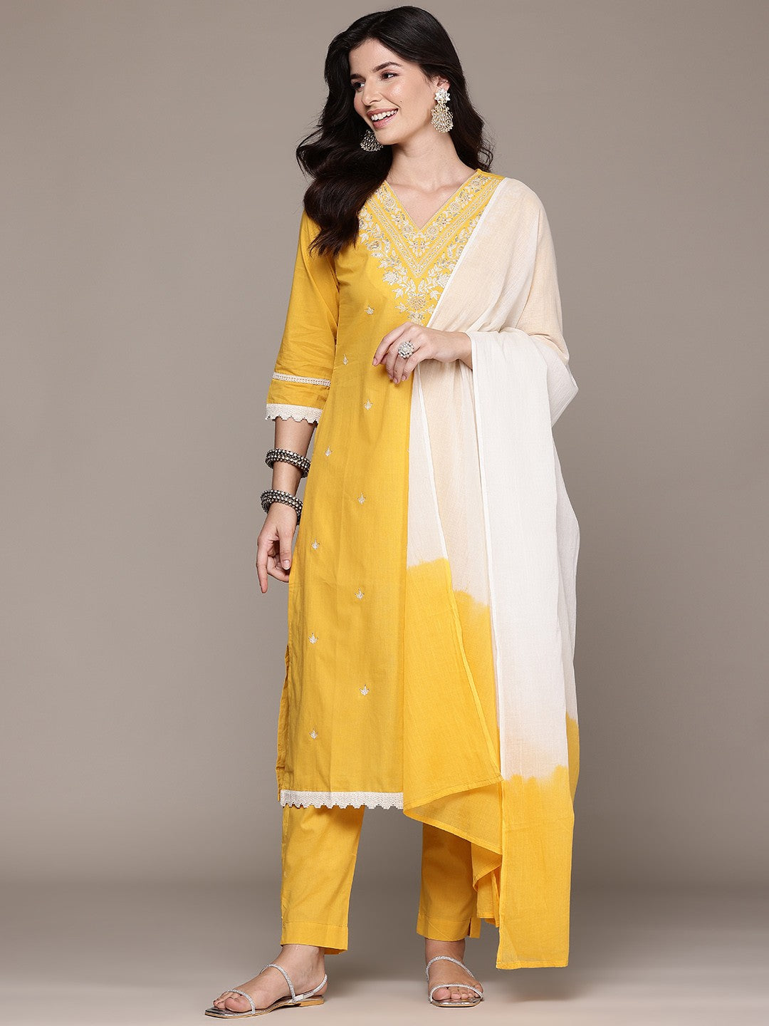 Straight Style Cotton Fabric Yellow Color Kurta And Bottom With Dupatta