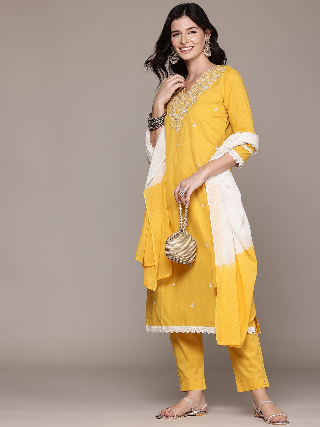 Straight Style Cotton Fabric Yellow Color Kurta And Bottom With Dupatta