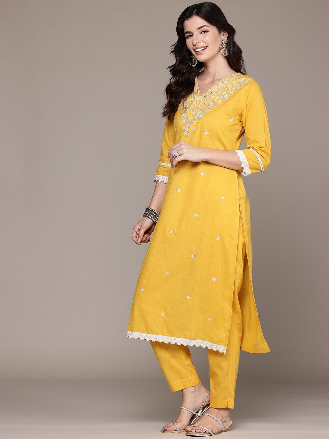 Straight Style Cotton Fabric Yellow Color Kurta And Bottom With Dupatta