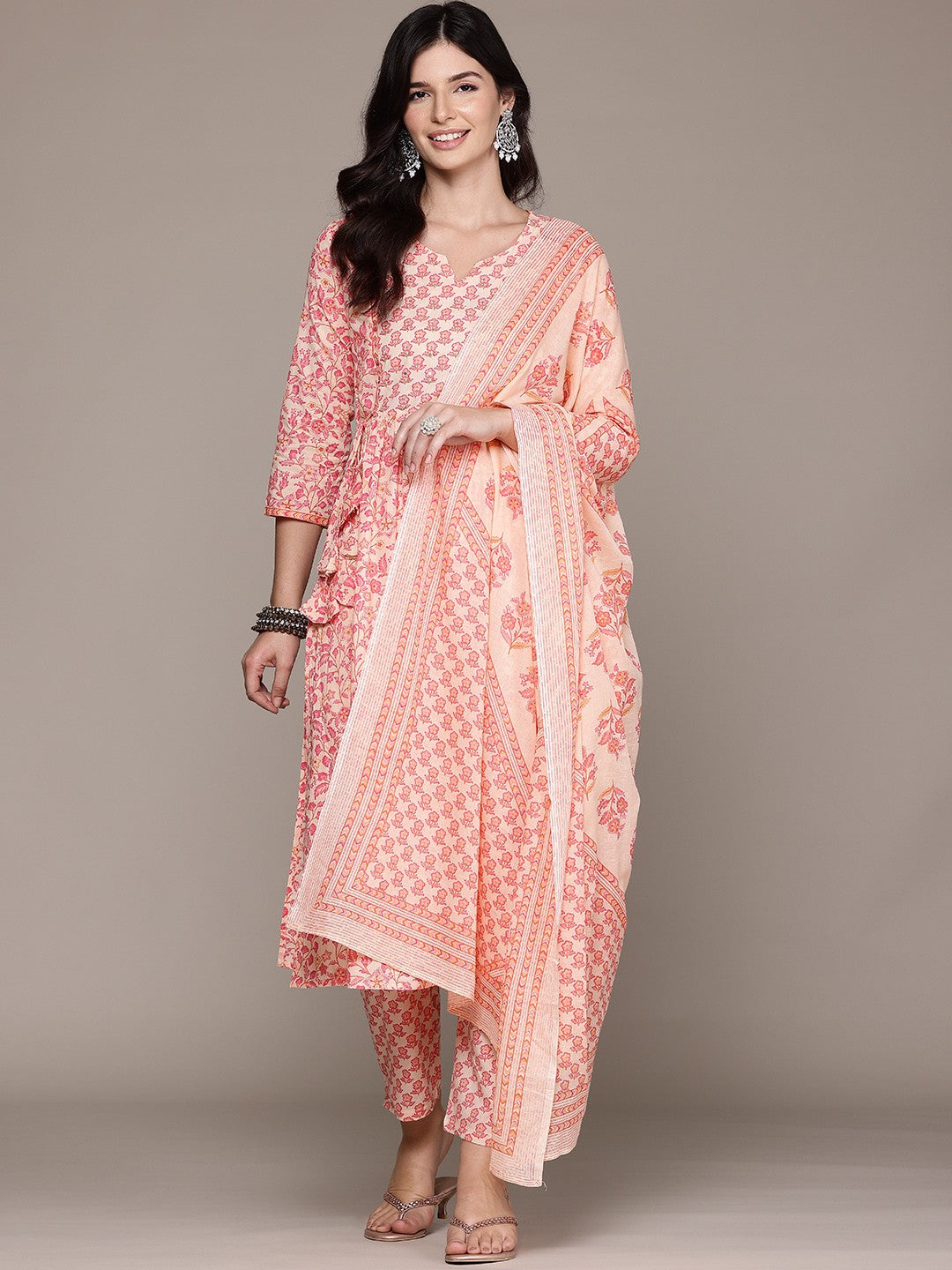 A Line Style Cotton Fabric Pink Color Kurta And Bottom With Dupatta