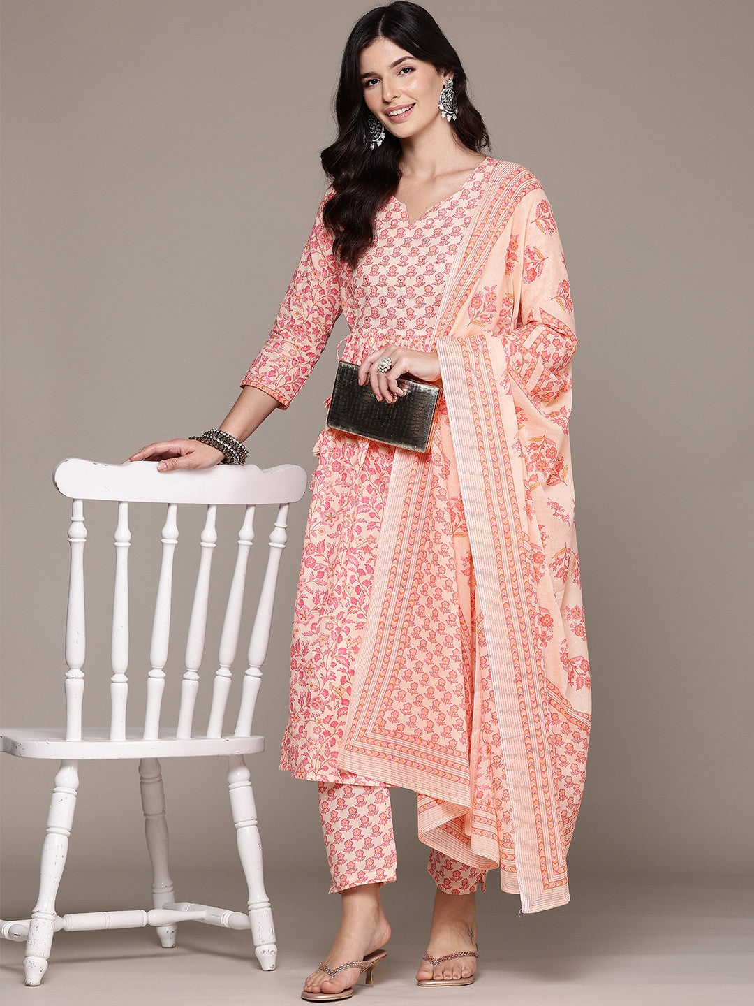 A Line Style Cotton Fabric Pink Color Kurta And Bottom With Dupatta