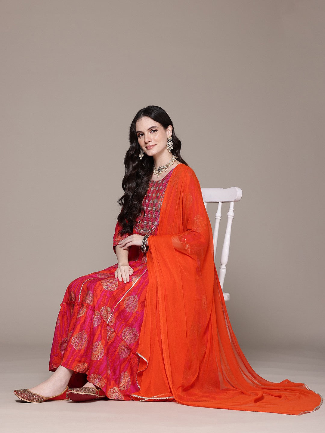 Anarkali Style Rayon Fabric Orange Color Kurta And Bottom With Dupatta