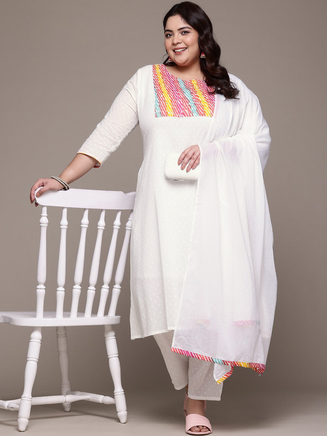 A Line Style Cotton Fabric White Color Kurta With Bottom And Dupatta