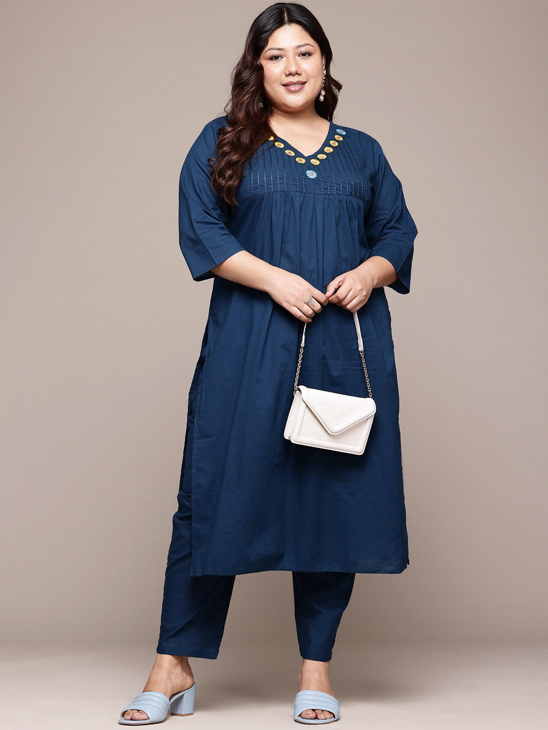 Straight Style Cotton Fabric Navy Blue Color Kurta With Bottom