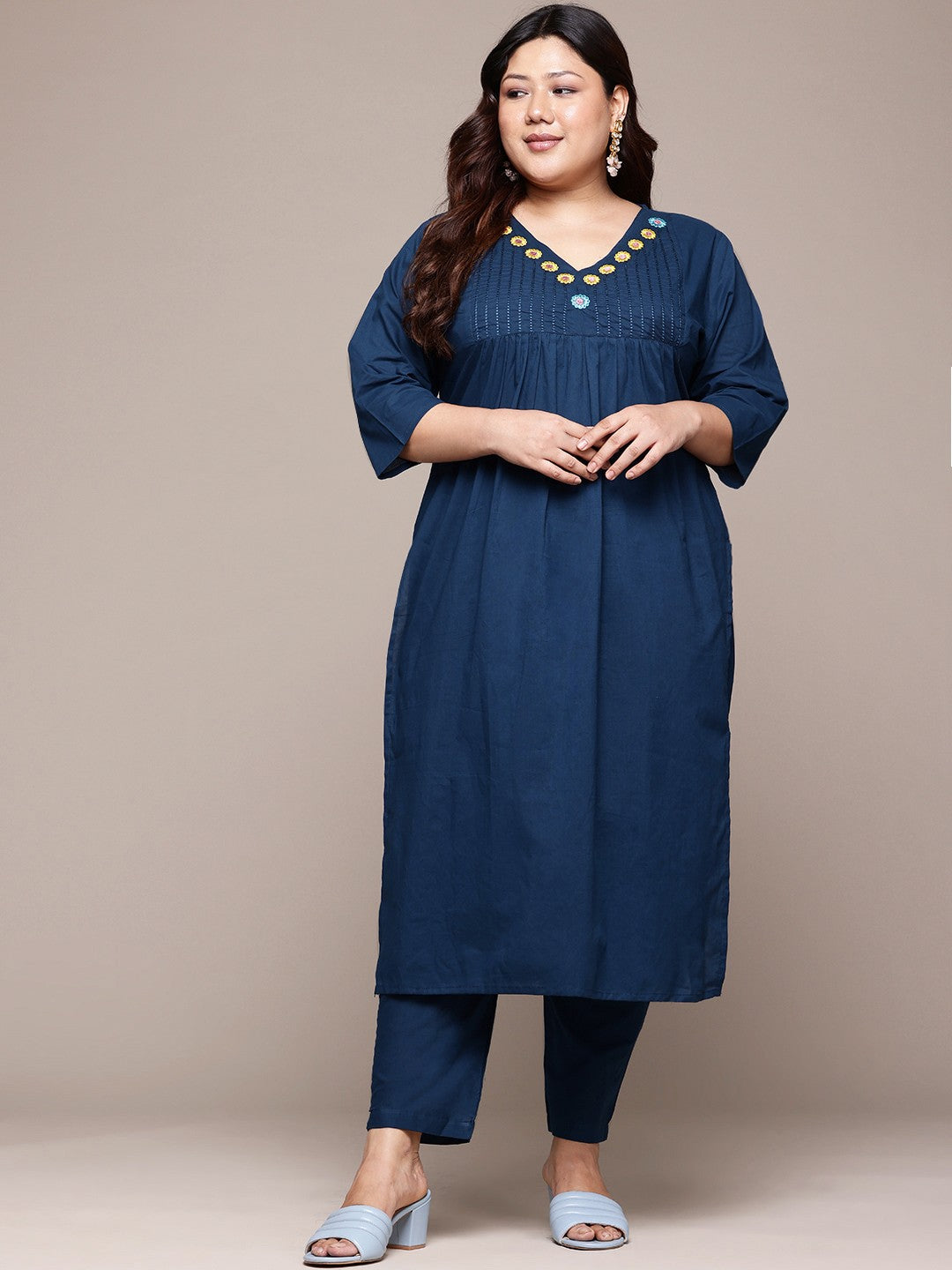 Straight Style Cotton Fabric Navy Blue Color Kurta With Bottom