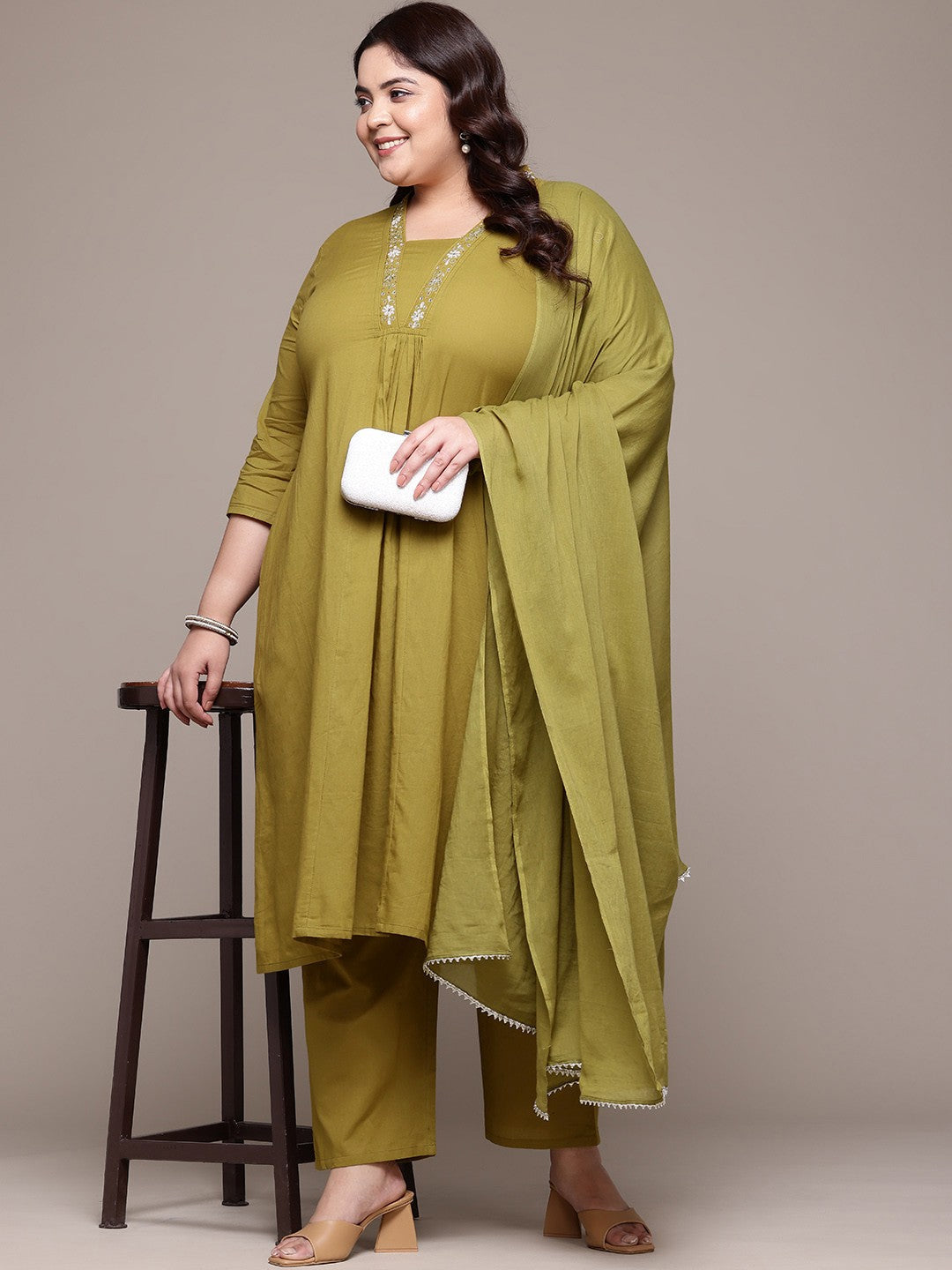 A Line Style Cotton Fabric Olive Color Kurta With Bottom And Dupatta