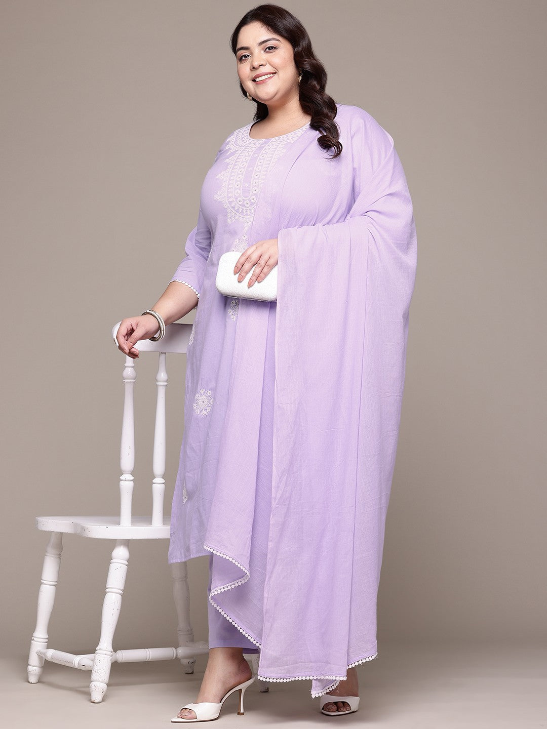 Straight Style Cotton Fabric Lavender Color Kurta With Bottom And Dupatta