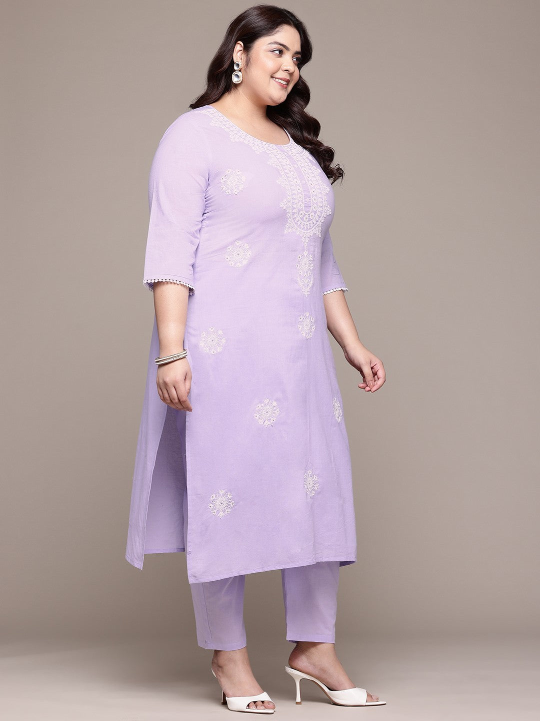 Straight Style Cotton Fabric Lavender Color Kurta With Bottom And Dupatta