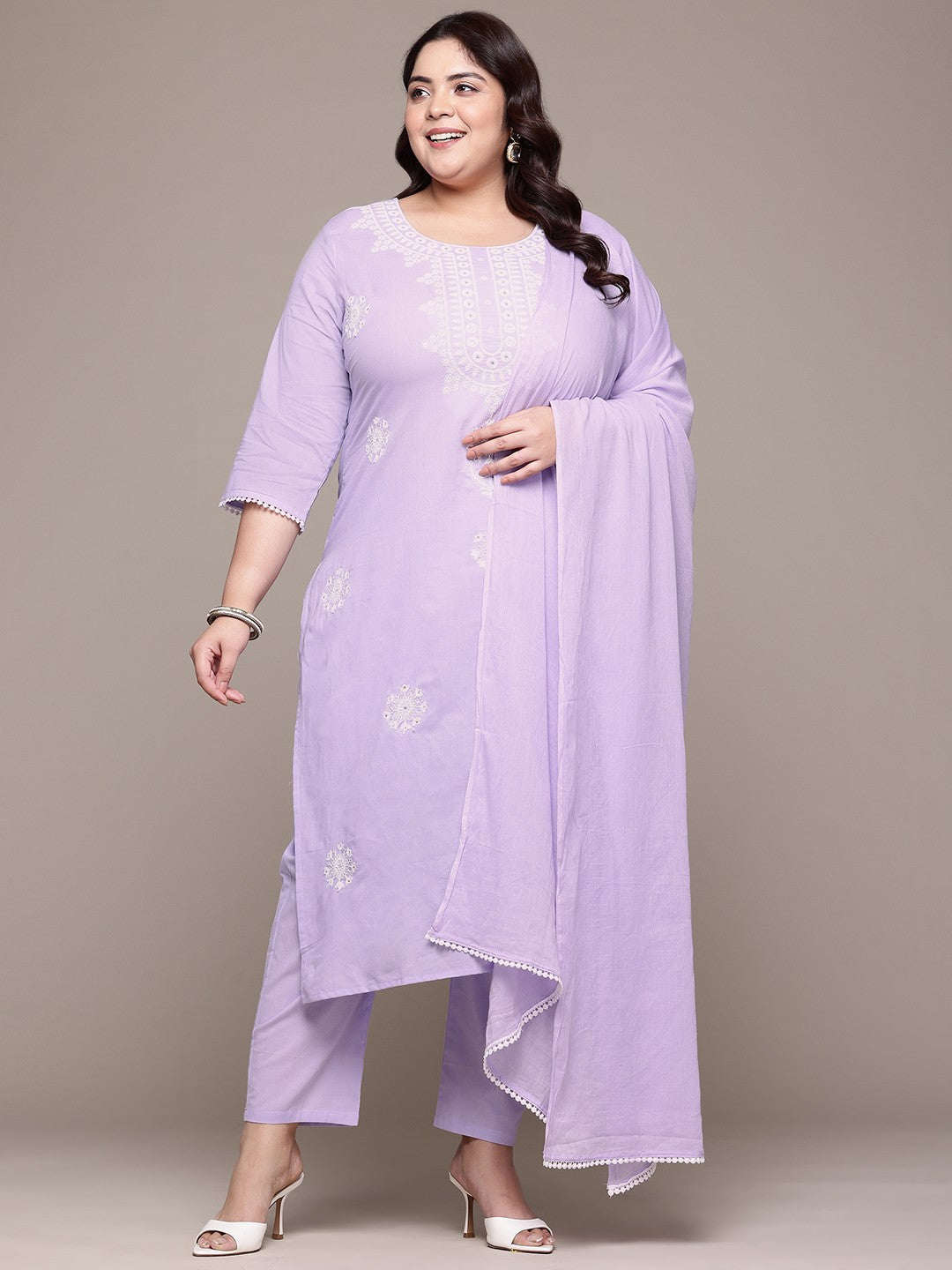 Straight Style Cotton Fabric Lavender Color Kurta With Bottom And Dupatta