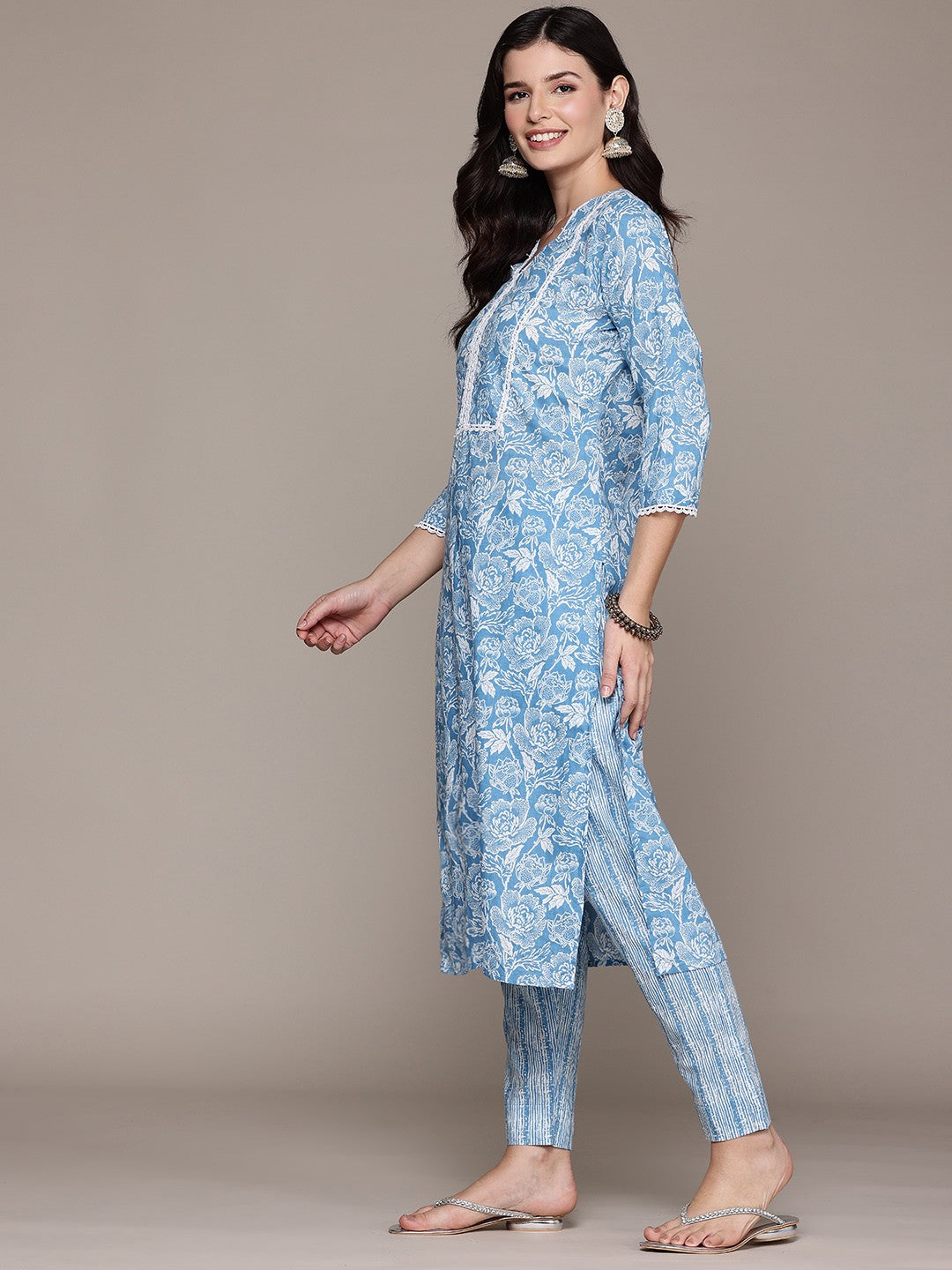 Straight Style Cotton Fabric Blue Color Kurta And Bottom With Dupatta