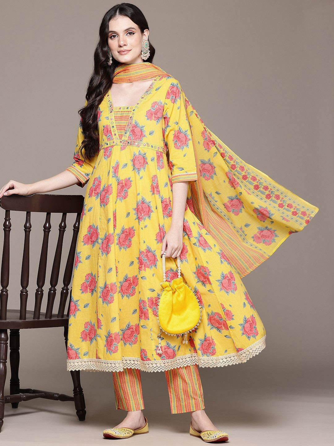 Anarkali Style Cotton Fabric Yellow Color Kurta And Bottom With Dupatta