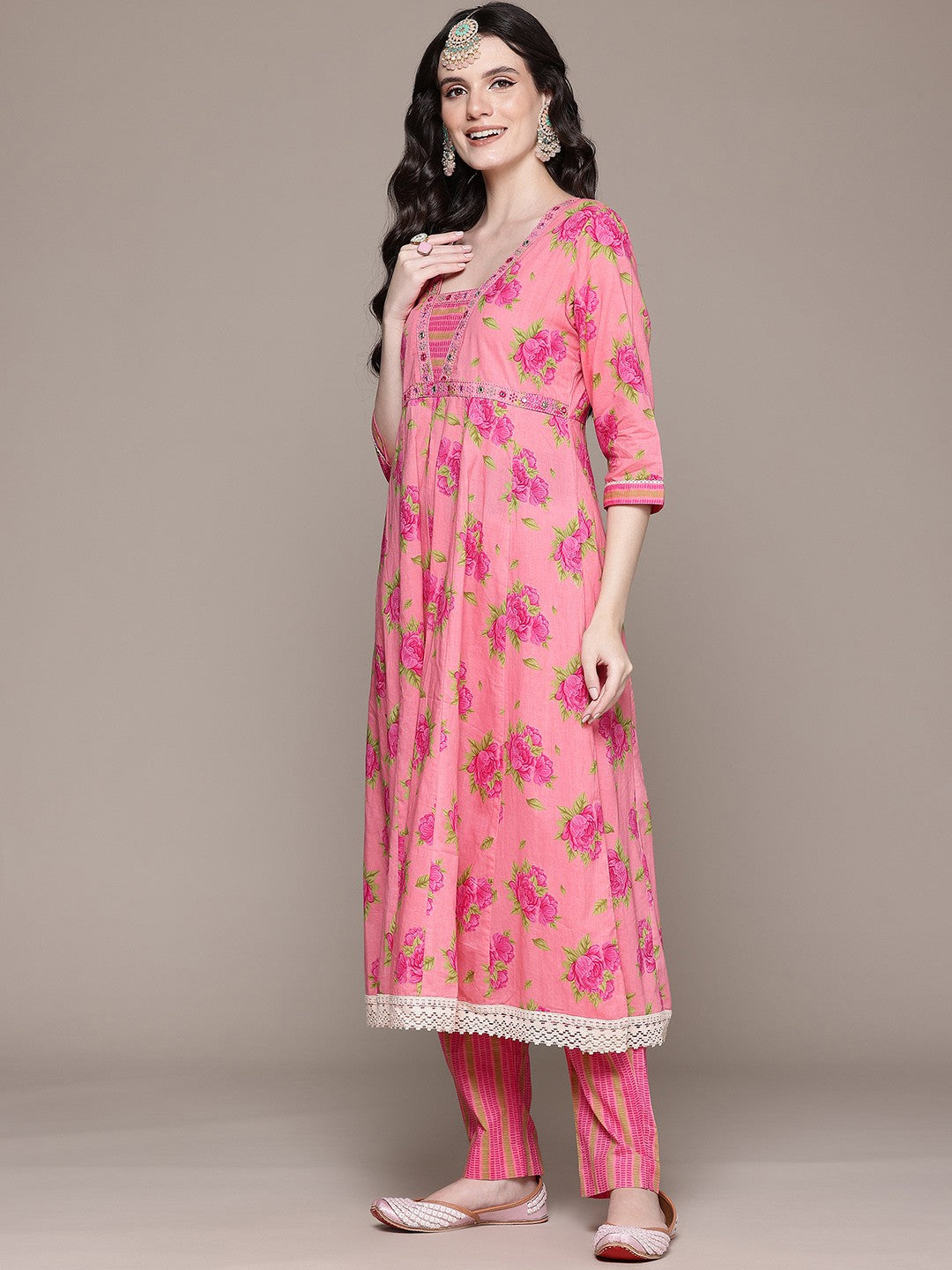 Anarkali Style Cotton Fabric Pink Color Kurta And Bottom With Dupatta