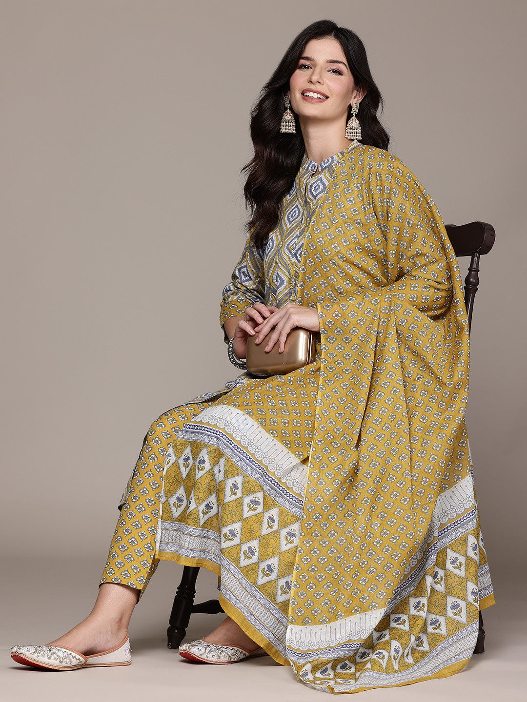 A Line Style Cotton Fabric Mustard Color Kurta And Bottom With Dupatta