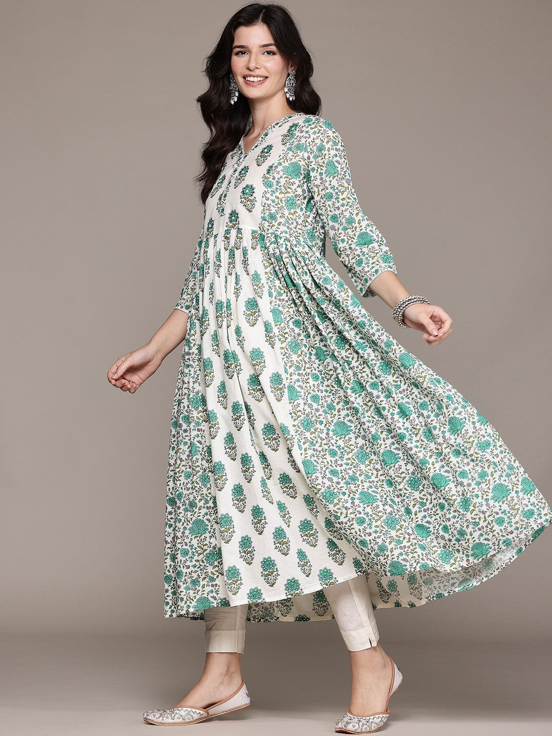 Frock Style Cotton Fabric Sea Green Color Kurta And Bottom With Dupatta