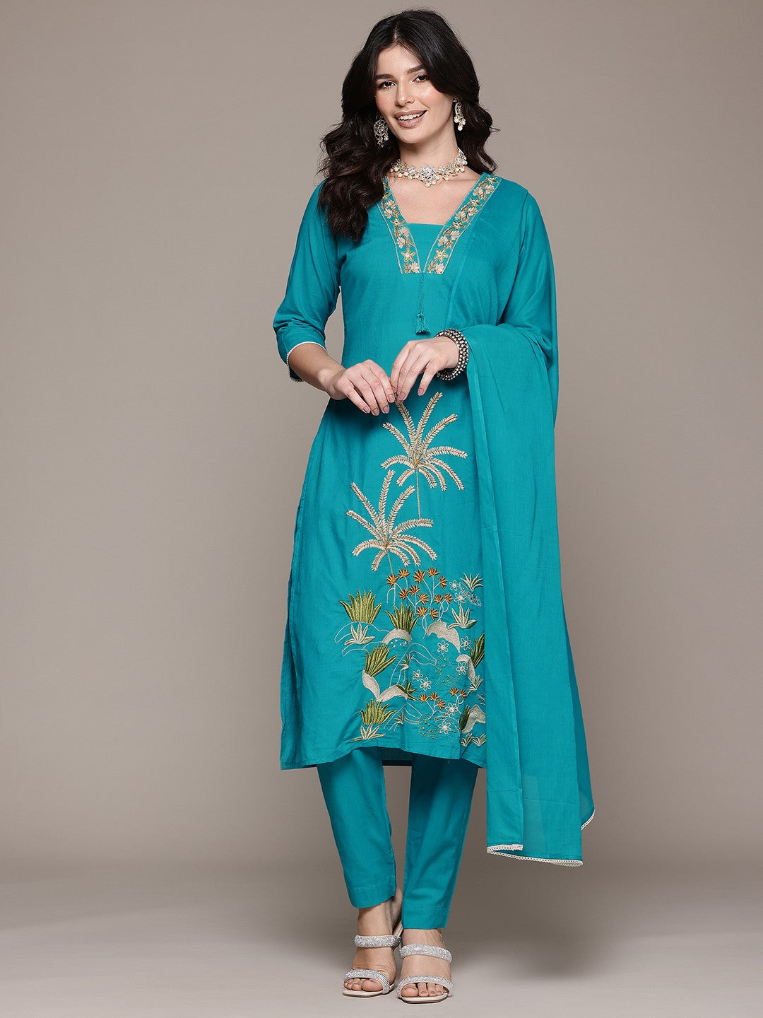 Straight Style Cotton Fabric Turquoise Blue Color Kurta And Bottom With Dupatta