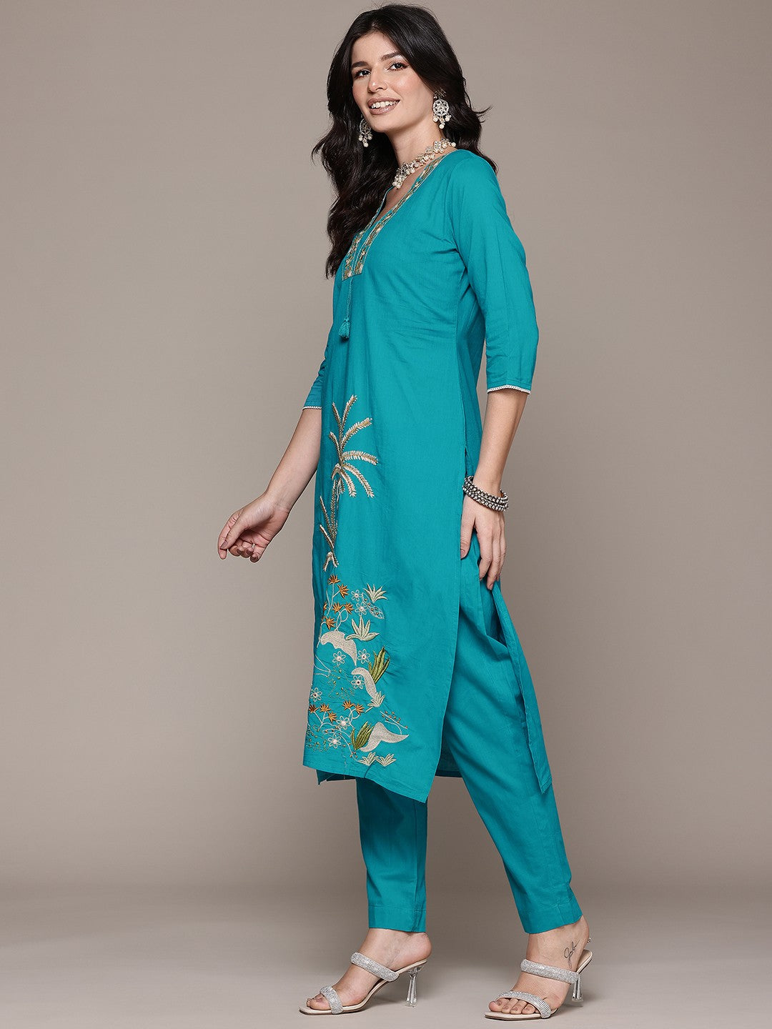 Straight Style Cotton Fabric Turquoise Blue Color Kurta And Bottom With Dupatta