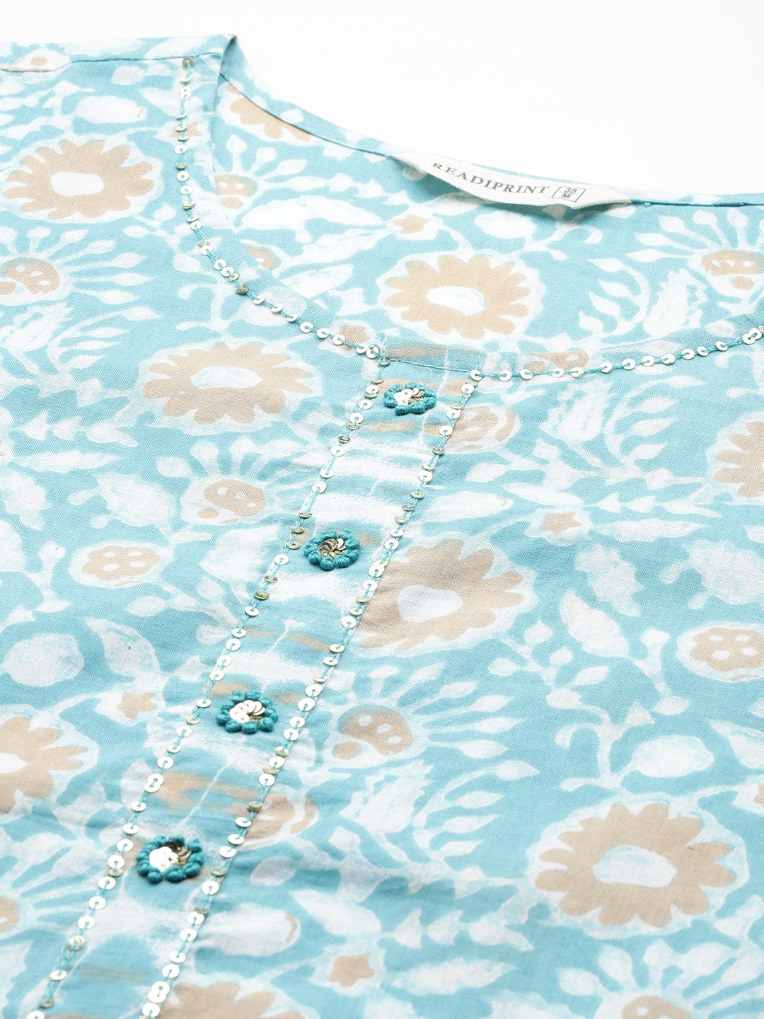 Straight Style Cotton Fabric Turquoise Blue Color Kurta And Bottom With Dupatta