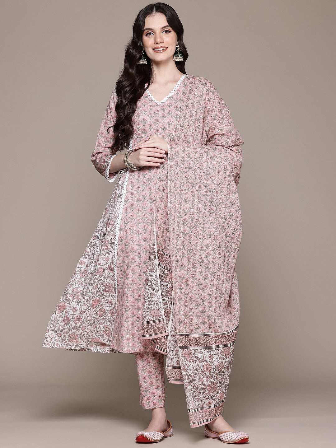 A Line Style Cotton Fabric Peach Color Kurta And Bottom With Dupatta