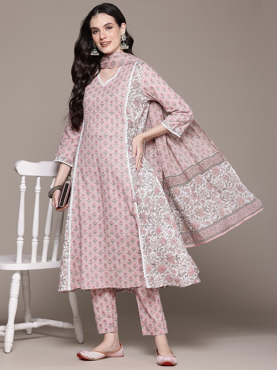 A Line Style Cotton Fabric Peach Color Kurta And Bottom With Dupatta