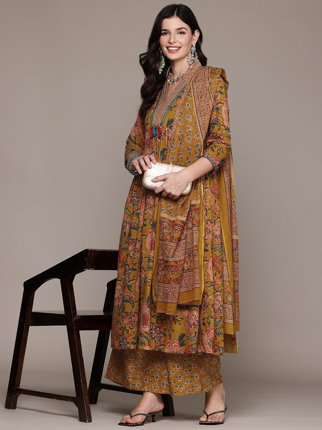 Frock Style Cotton Fabric Mustard Color Kurta And Bottom With Dupatta