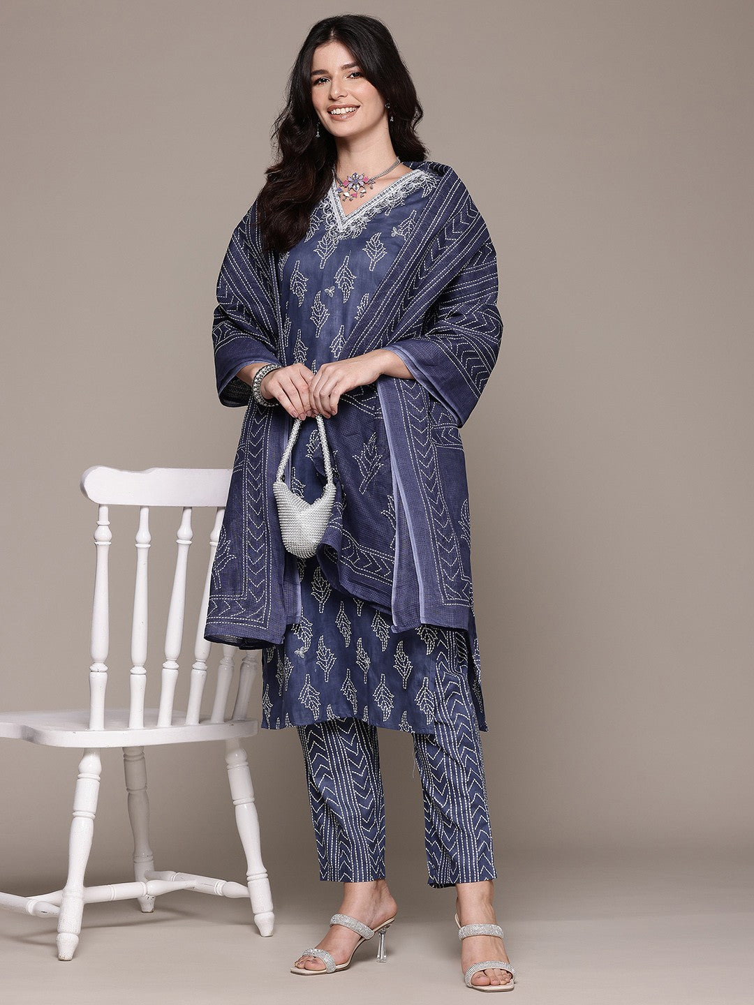 Straight Style Cotton Fabric Blue Color Kurta And Bottom With Dupatta