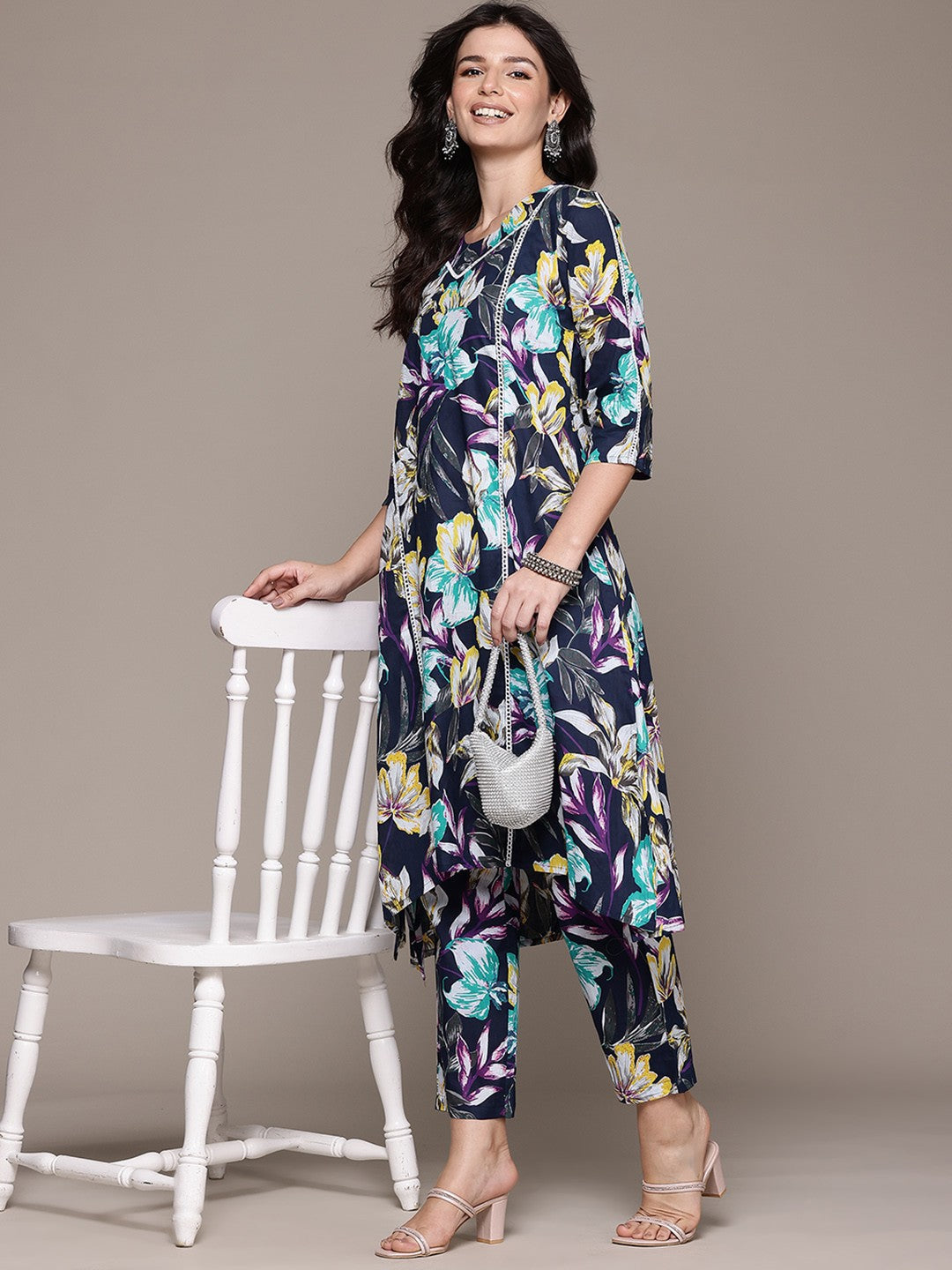 A Line Style Cotton Fabric Navy Blue Color Kurta And Bottom
