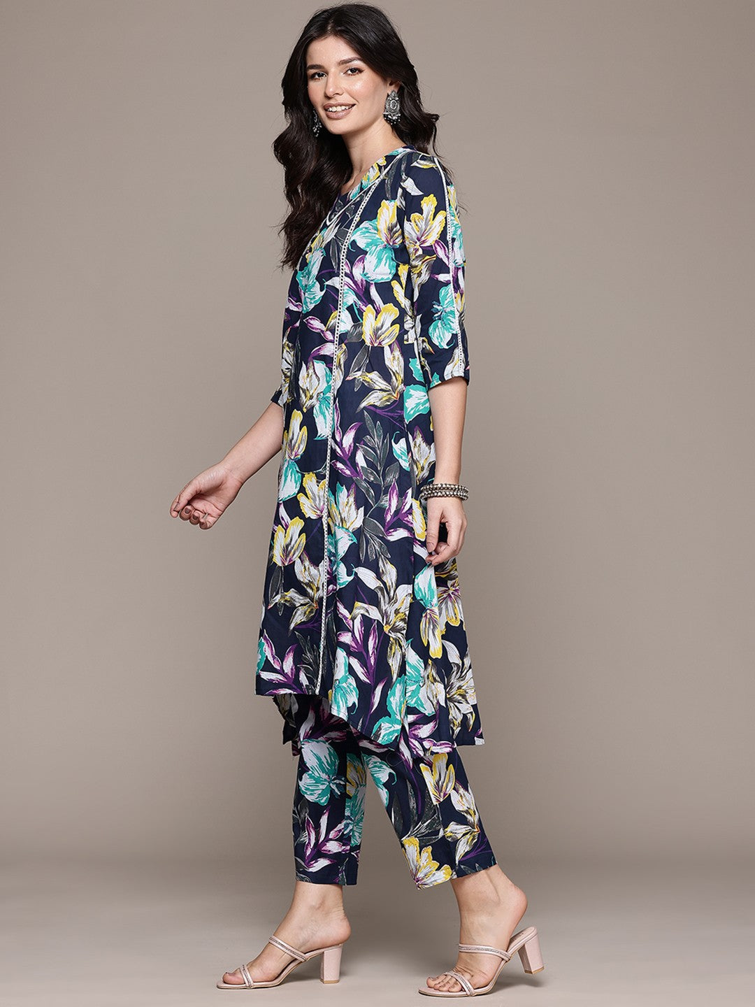 A Line Style Cotton Fabric Navy Blue Color Kurta And Bottom