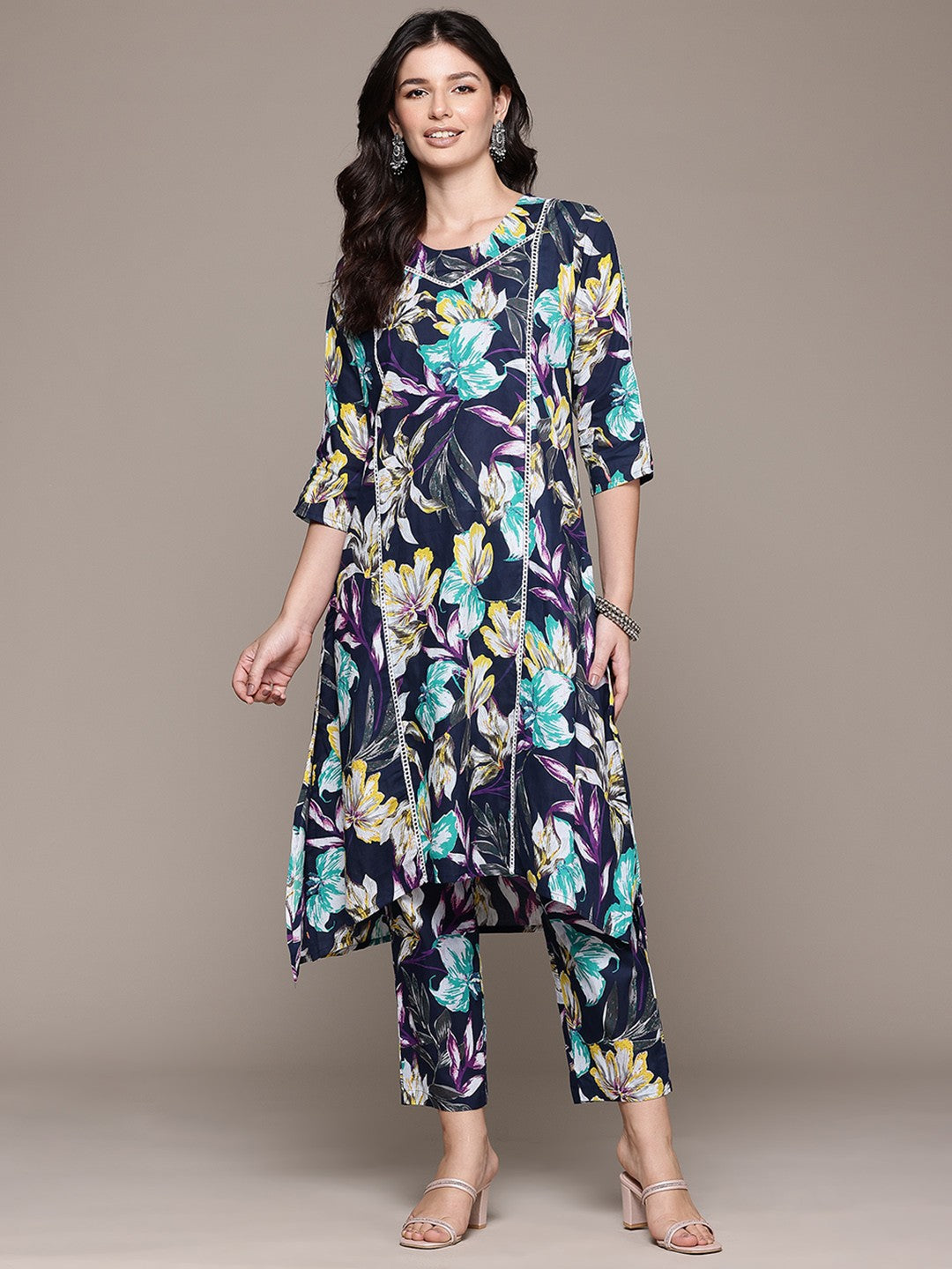 A Line Style Cotton Fabric Navy Blue Color Kurta And Bottom