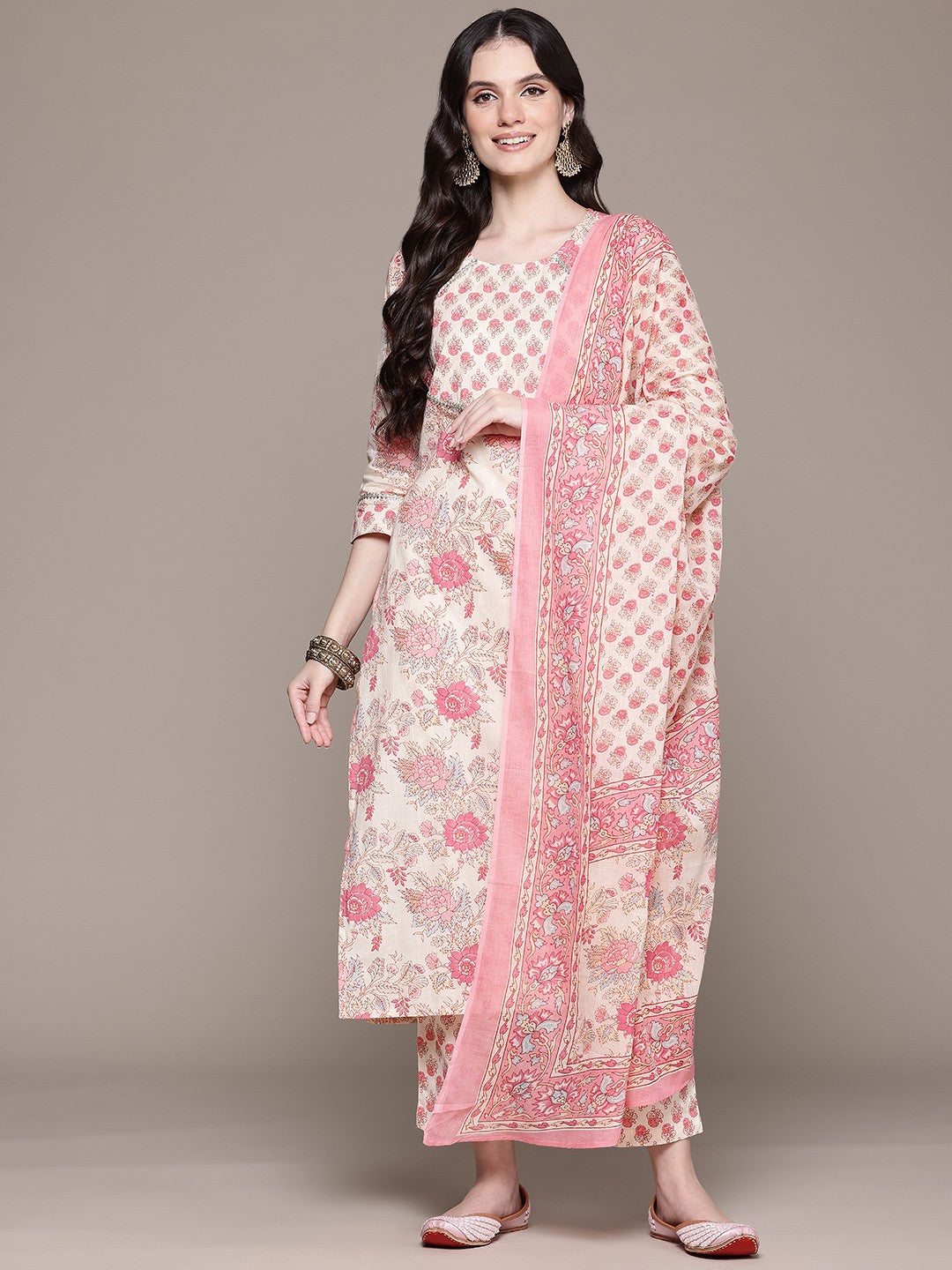 Straight Style Cotton Fabric Pink Color Kurta And Bottom With Dupatta