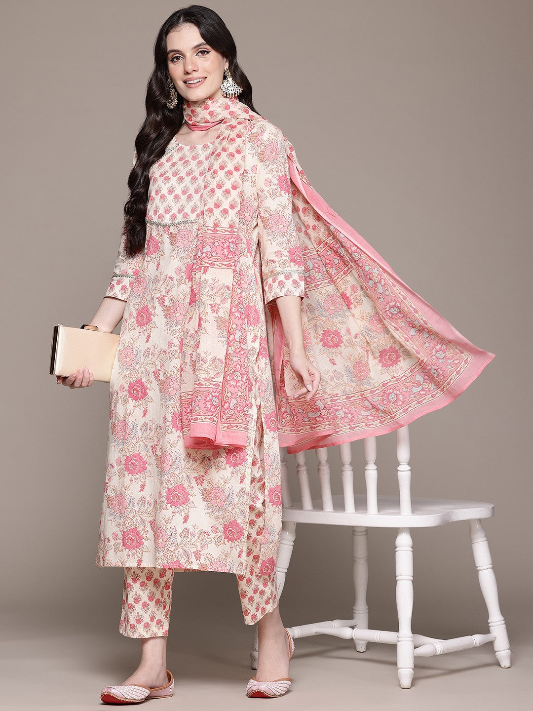 Straight Style Cotton Fabric Pink Color Kurta And Bottom With Dupatta