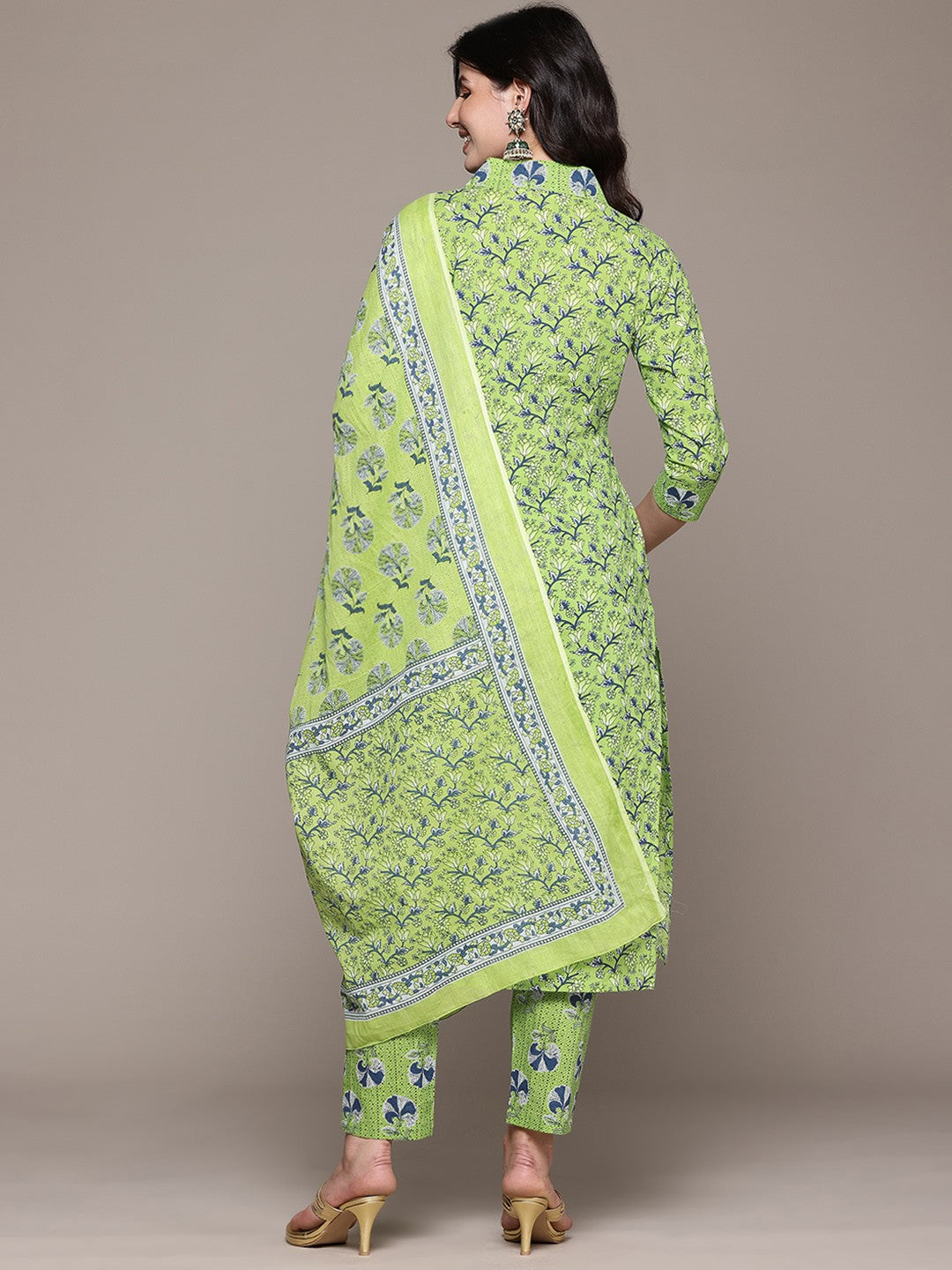 A Line Style Cotton Fabric Lime Green Color Kurta And Bottom With Dupatta