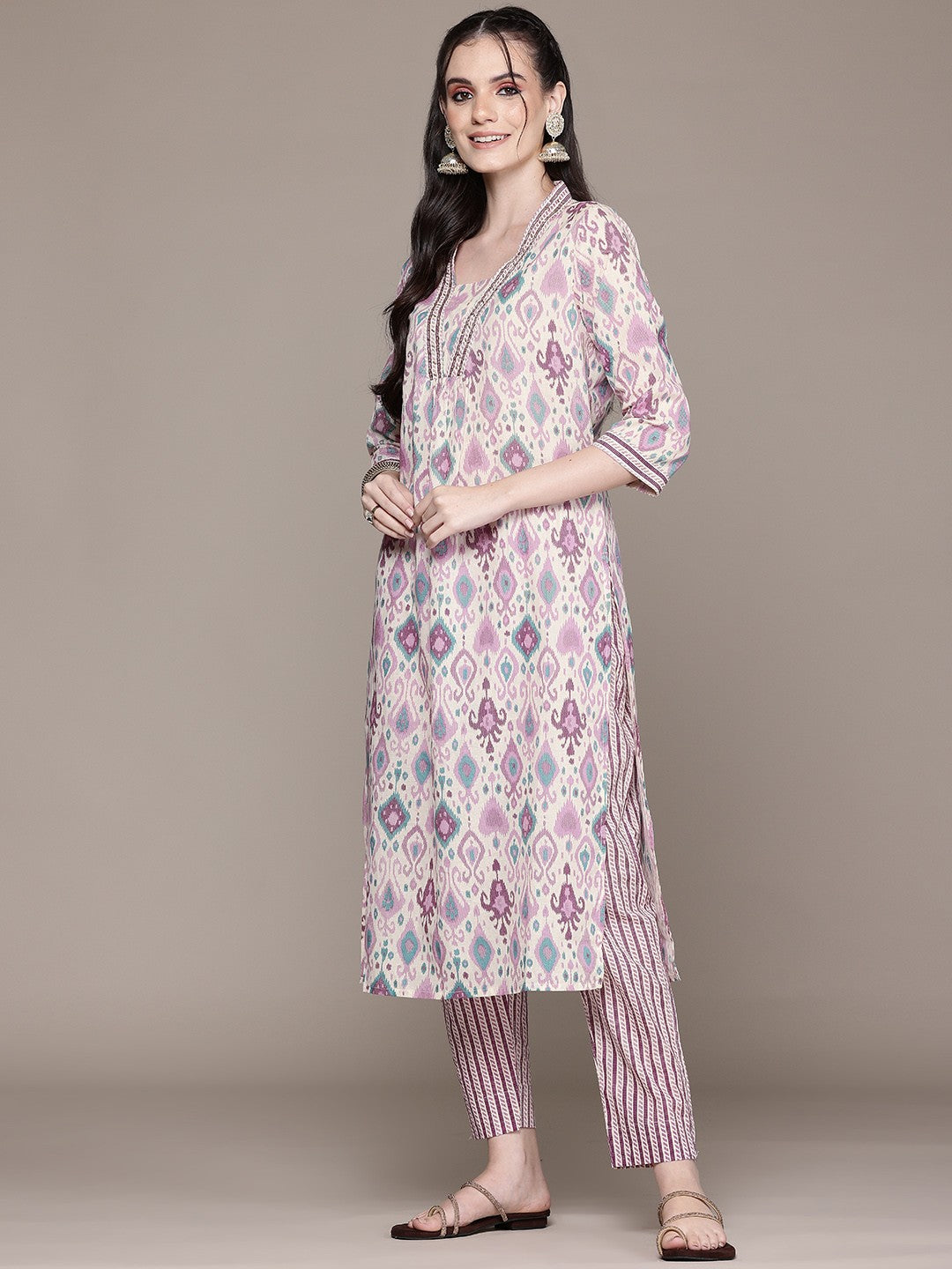 A Line Style Cotton Fabric Pink Color Kurta With Bottom And Dupatta