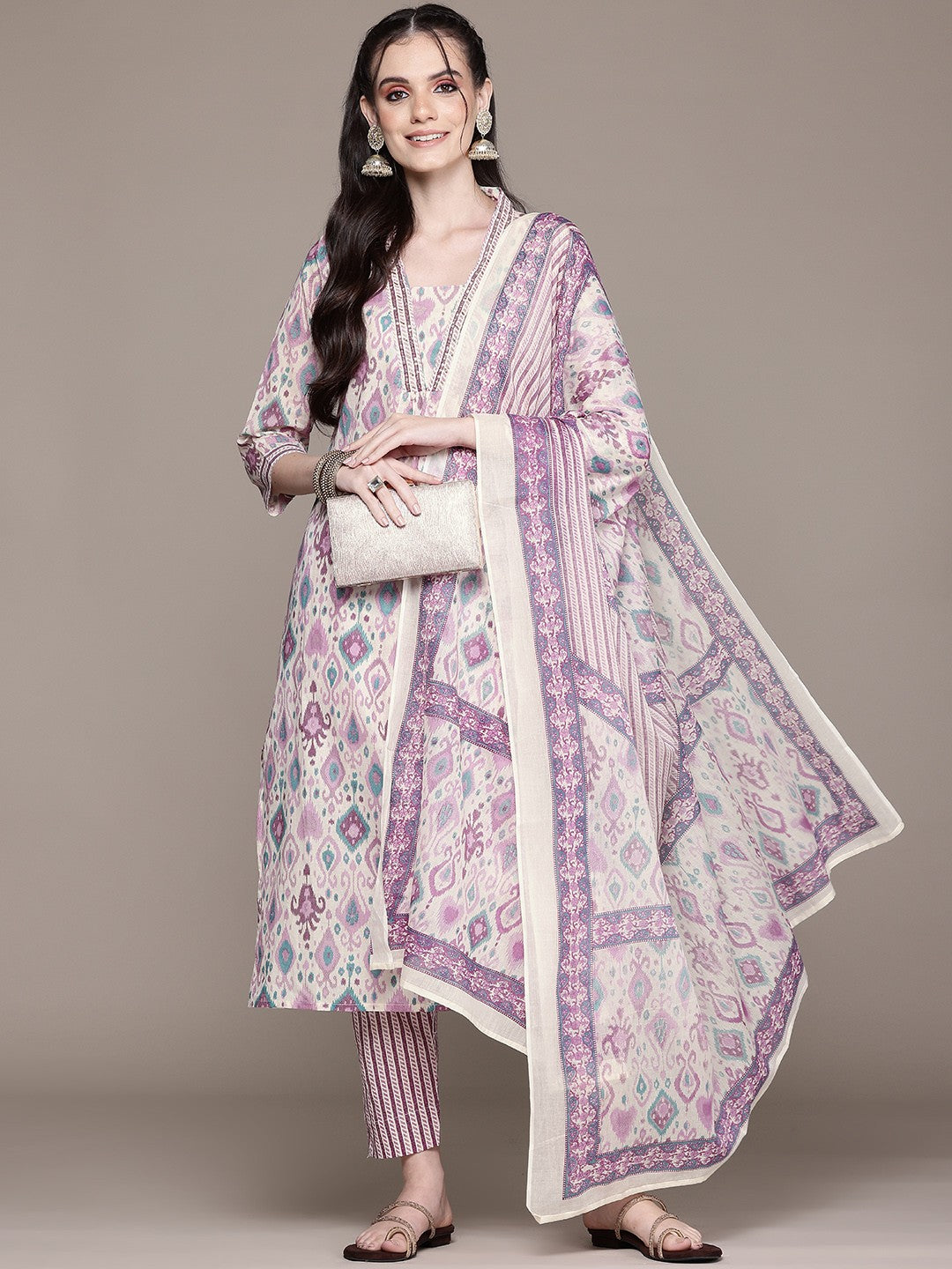 A Line Style Cotton Fabric Pink Color Kurta With Bottom And Dupatta