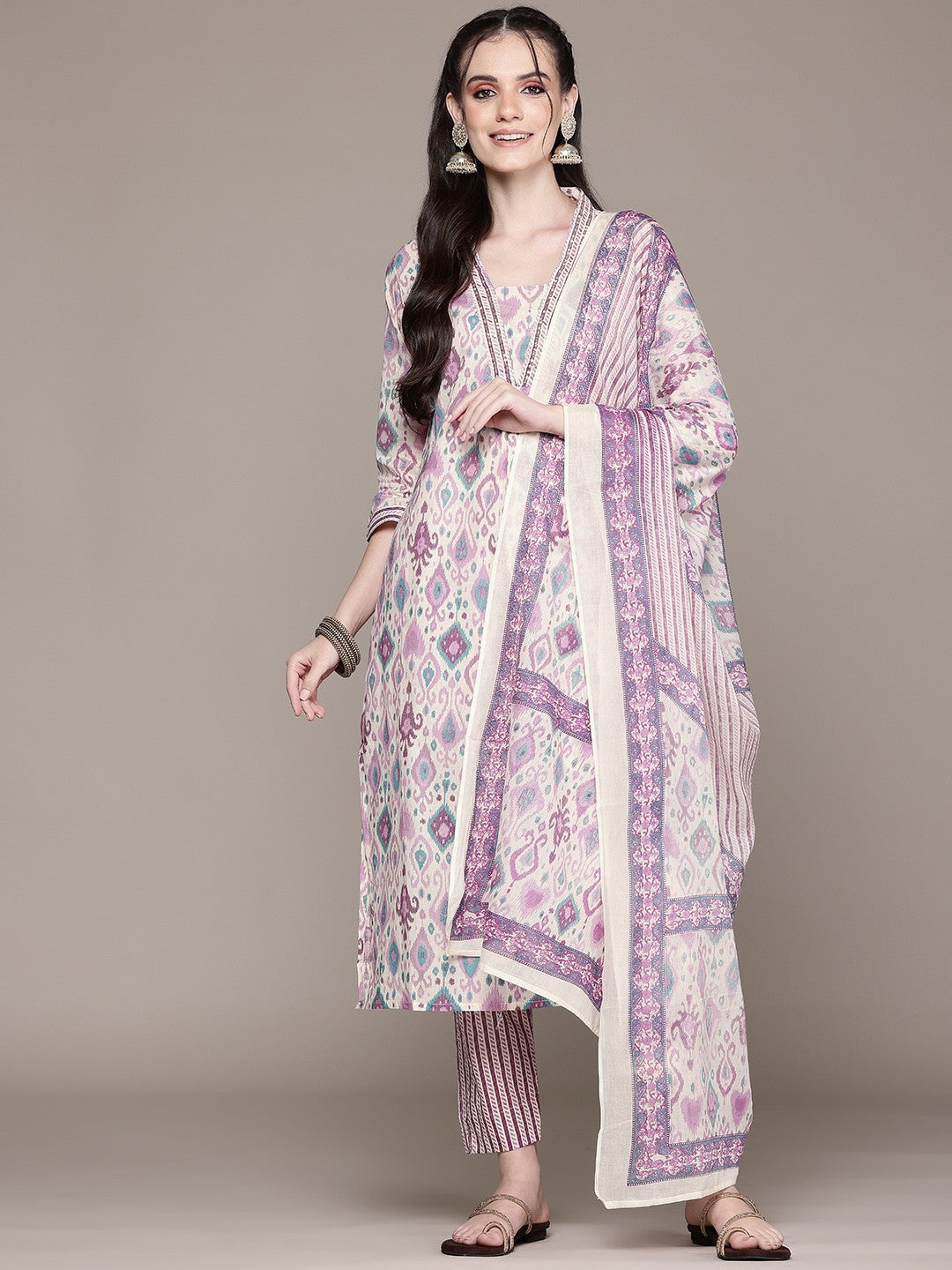 A Line Style Cotton Fabric Pink Color Kurta With Bottom And Dupatta