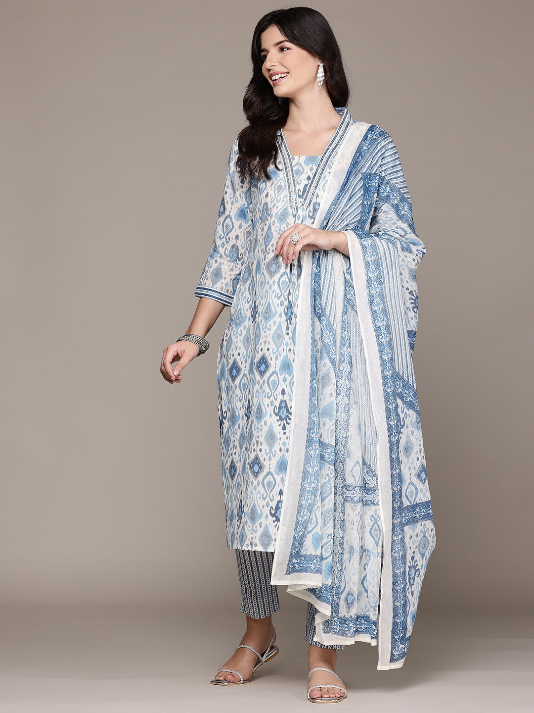A Line Style Cotton Fabric Blue Color Kurta With Bottom And Dupatta