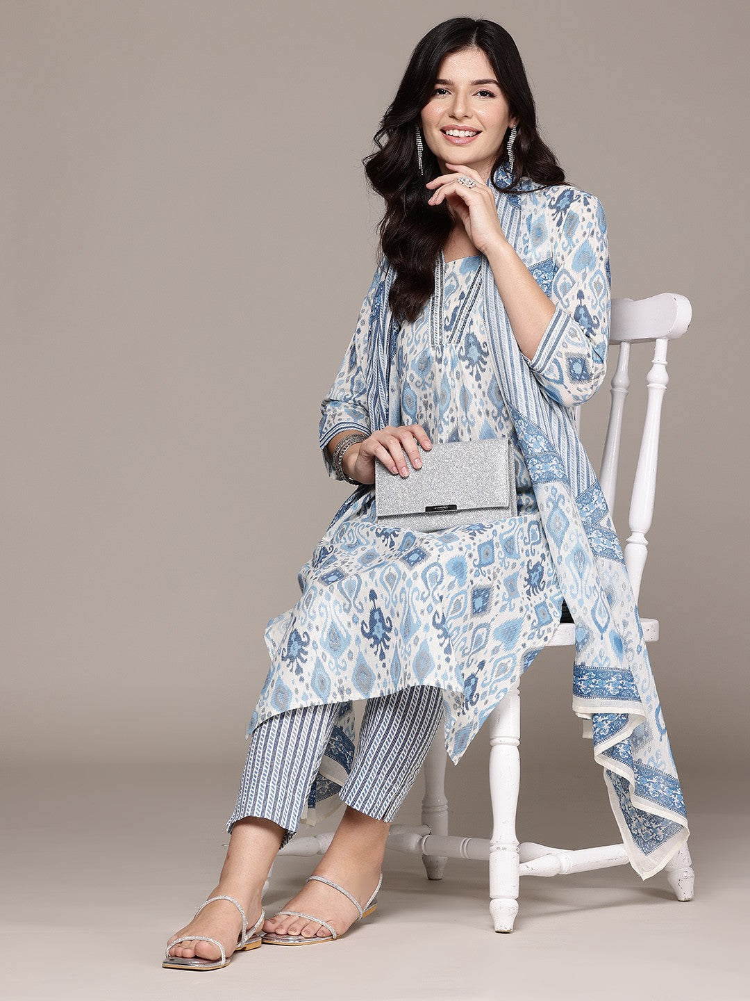 A Line Style Cotton Fabric Blue Color Kurta With Bottom And Dupatta