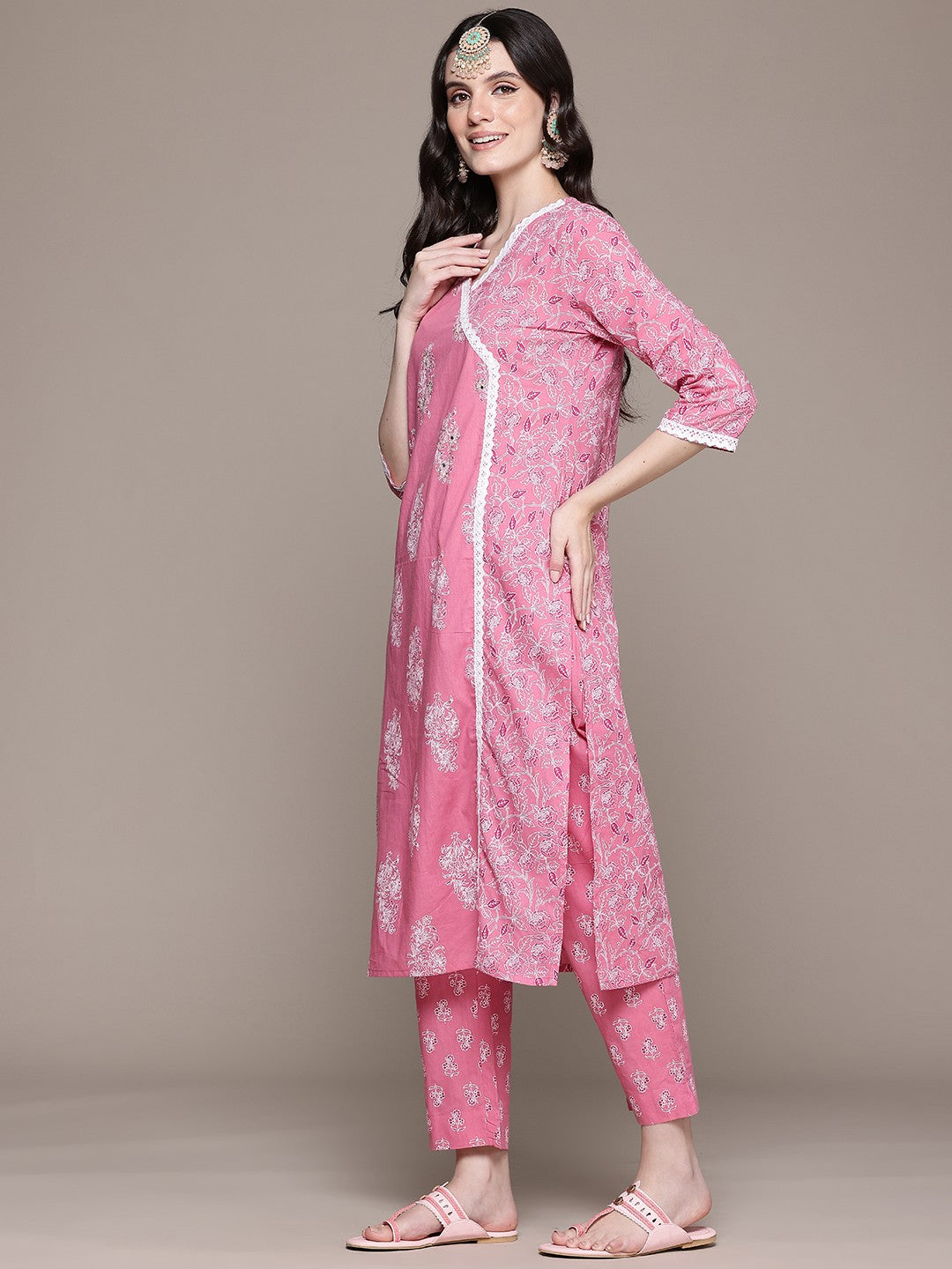 Frock Style Cotton Fabric Mauve Color Kurta With Bottom And Dupatta